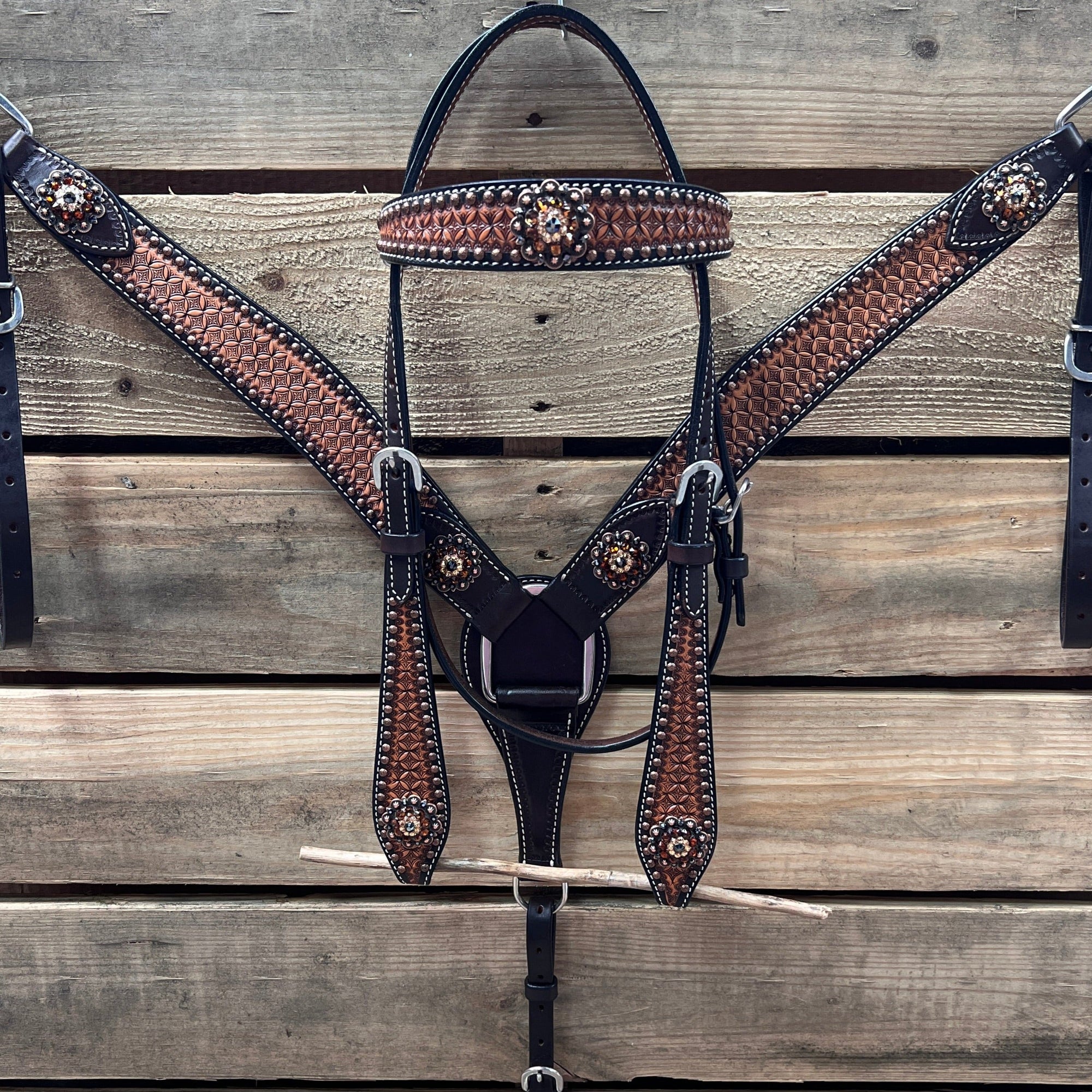 Two Tone Honeycomb Copper Dot Jet, Champagne and Topaz Browband / Breastcollar Tack Set 