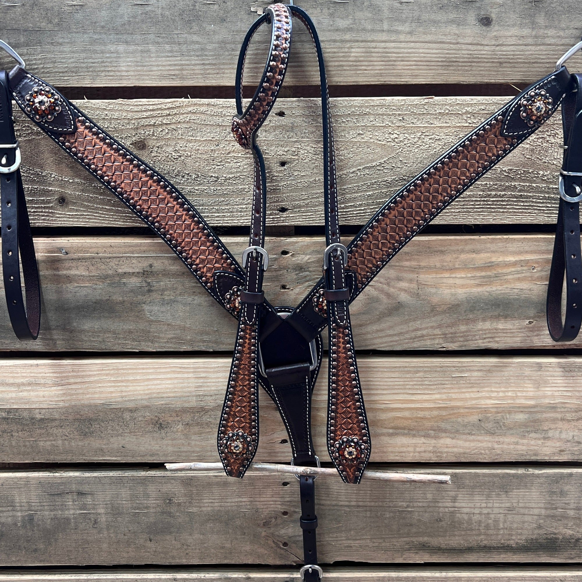 Two Tone Honeycomb Copper Dot Jet, Champagne and Topaz Browband / Breastcollar Tack Set 