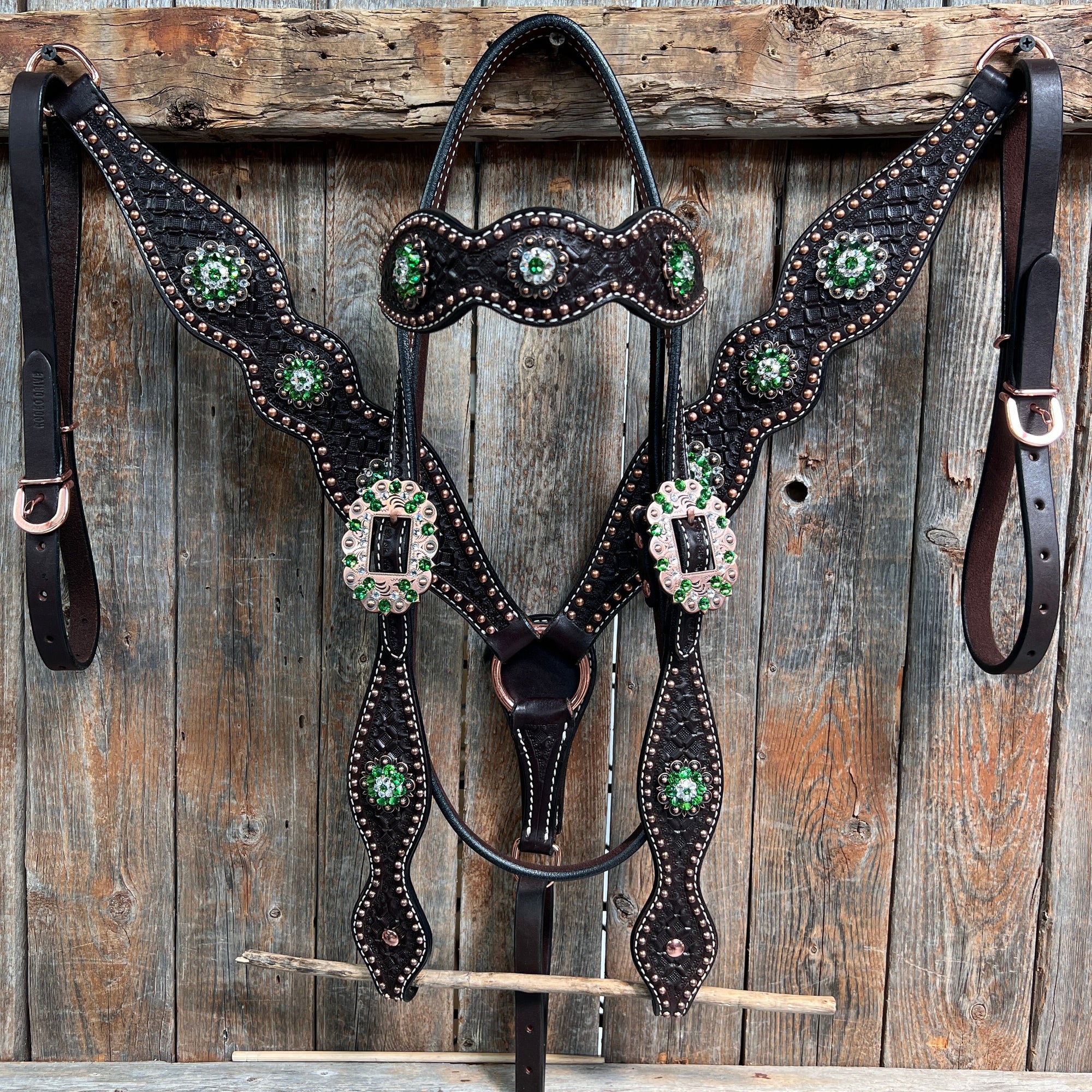 Dark Oil Honeycomb Copper Dot Copper and Fern Browband / Breastcollar Tack Set 