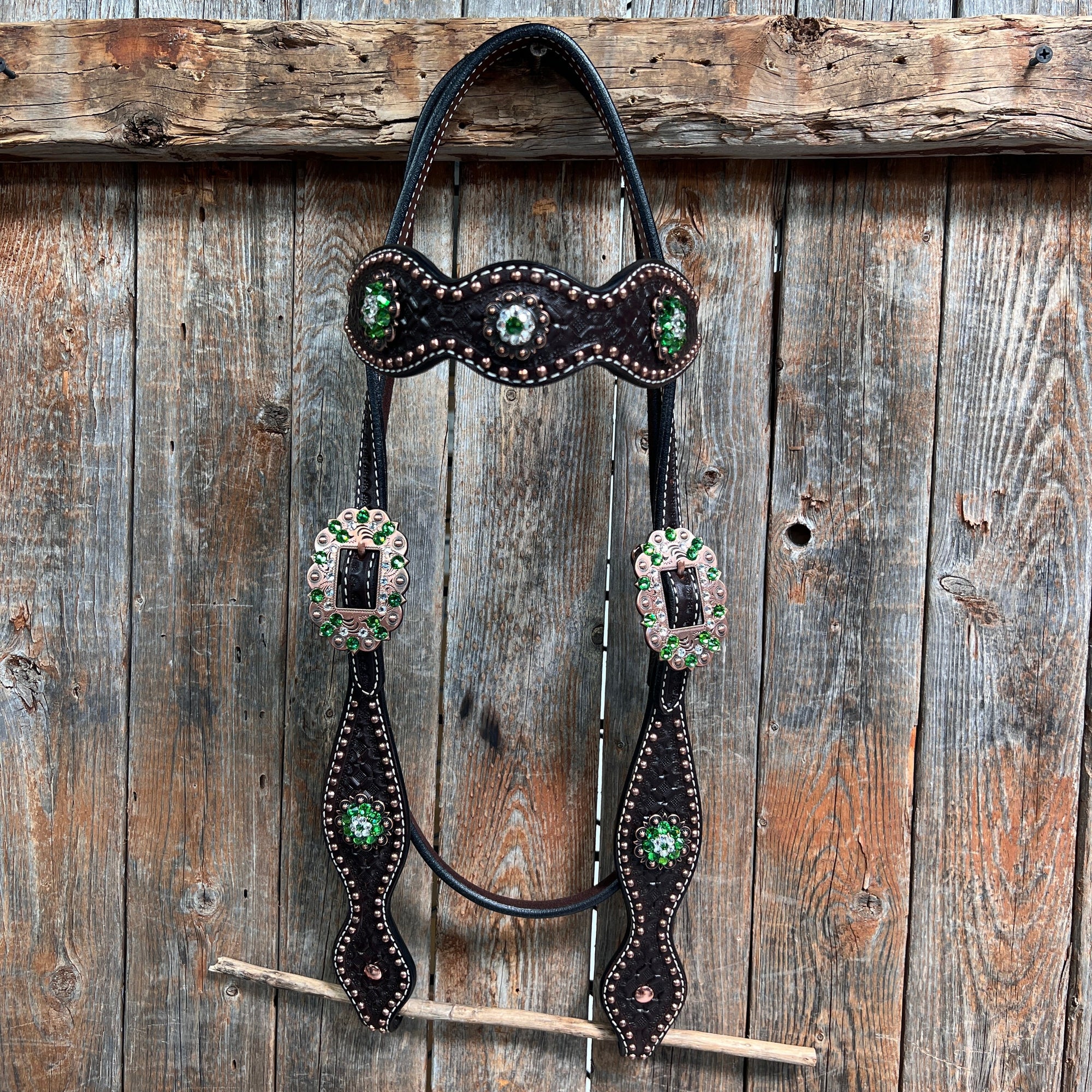Dark Oil Honeycomb Copper Dot Copper and Fern Browband / Breastcollar Tack Set 