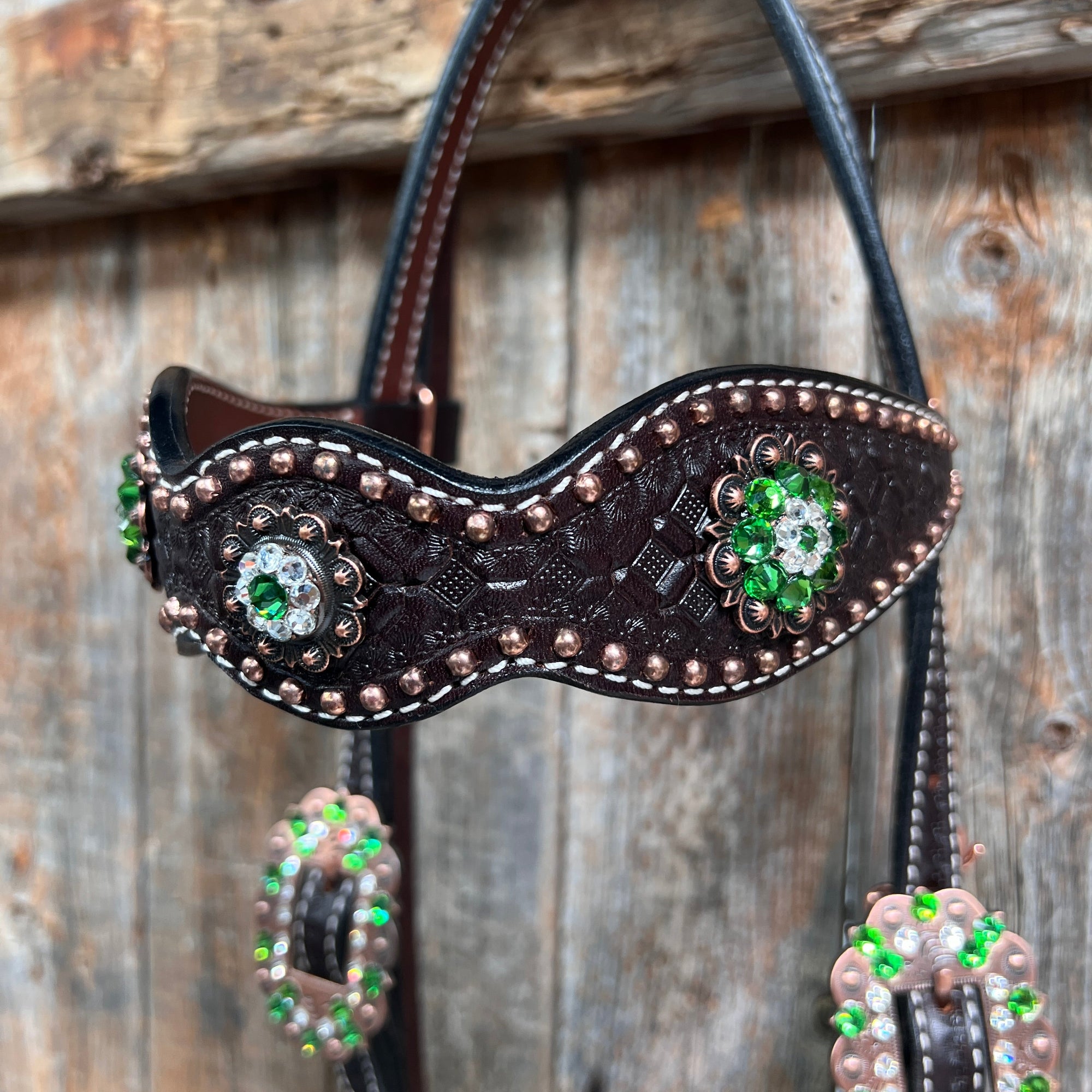 Dark Oil Honeycomb Copper Dot Copper and Fern Browband / Breastcollar Tack Set 