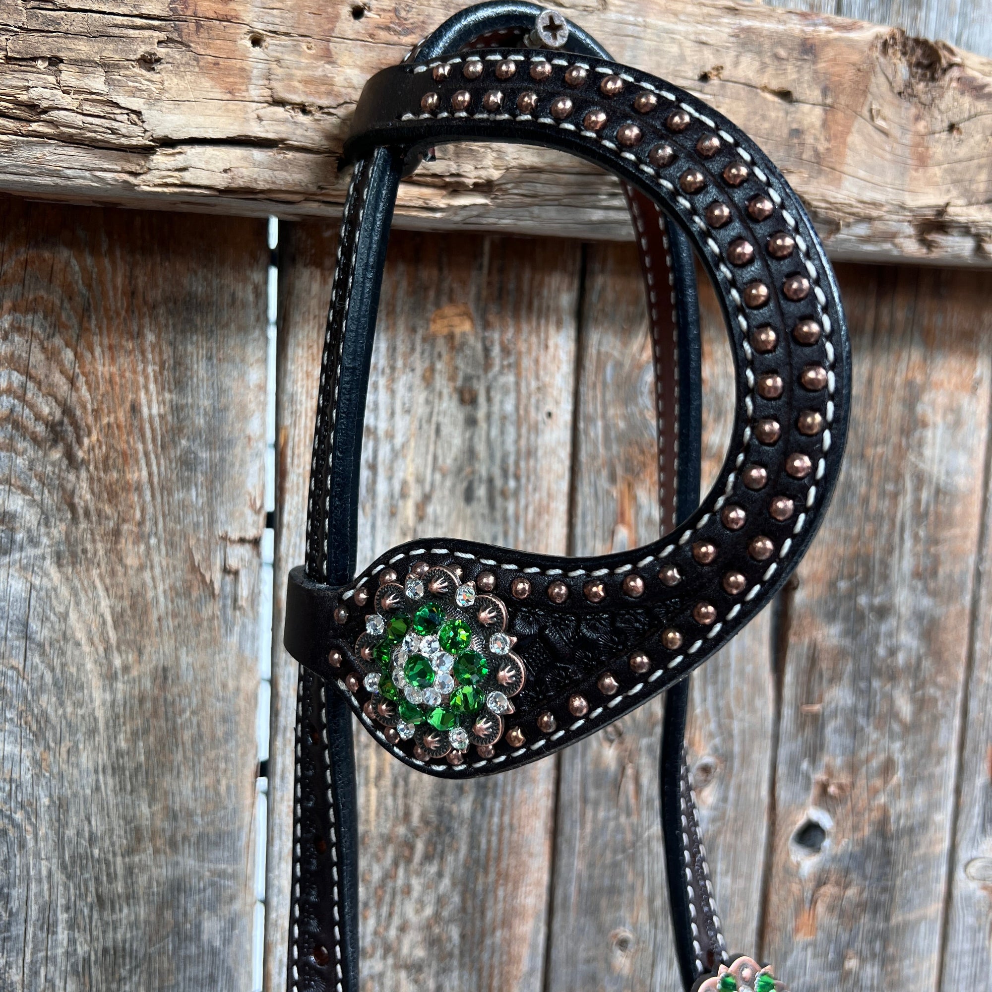Dark Oil Honeycomb Copper Dot Copper and Fern Browband / Breastcollar Tack Set 