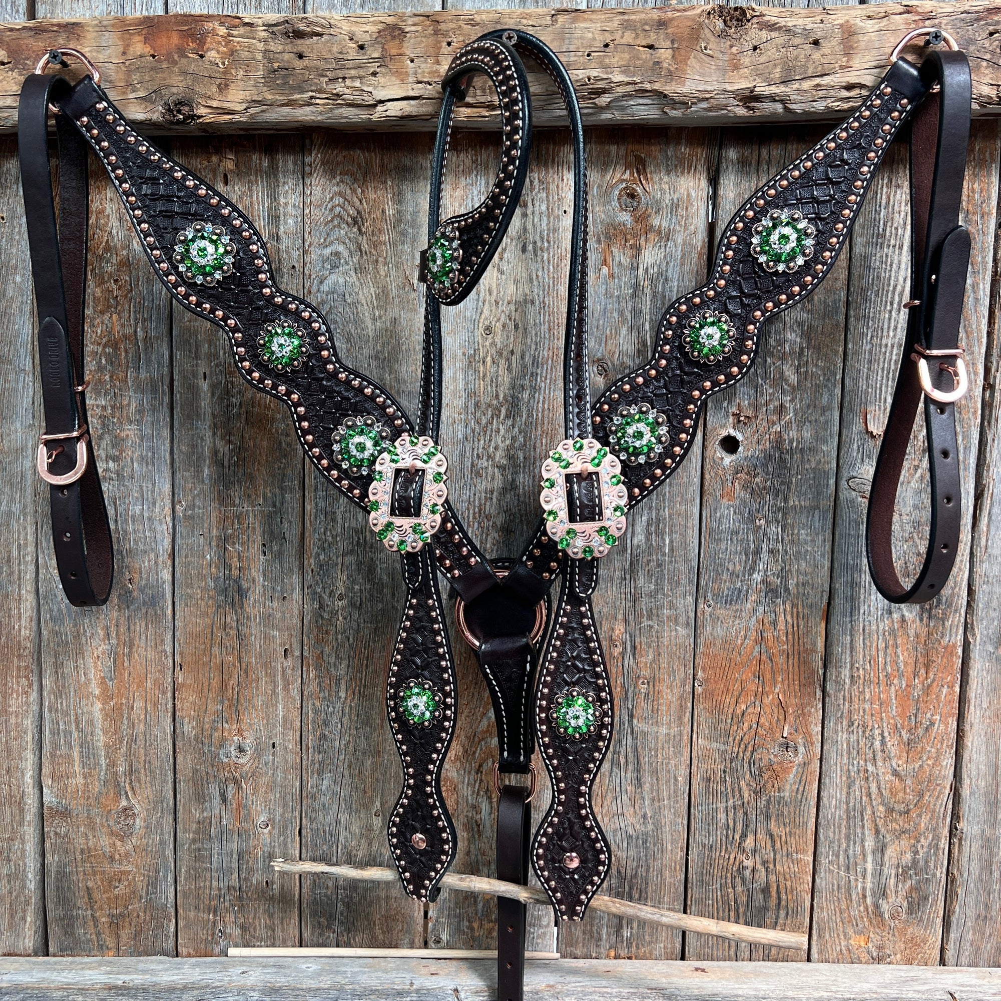 Dark Oil Honeycomb Copper Dot Copper and Fern Browband / Breastcollar Tack Set 
