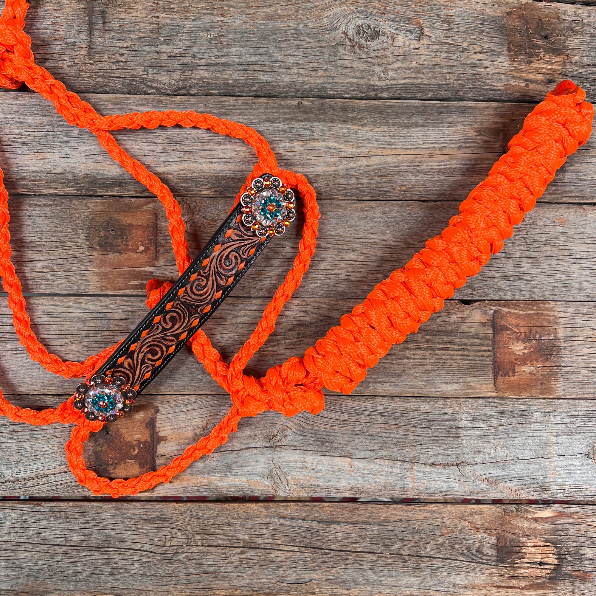 Orange Mule Tape Halter - Fire Opal and Teal 