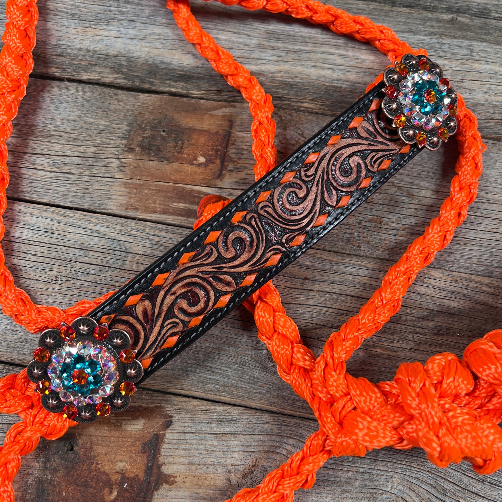 Orange Mule Tape Halter - Fire Opal and Teal 