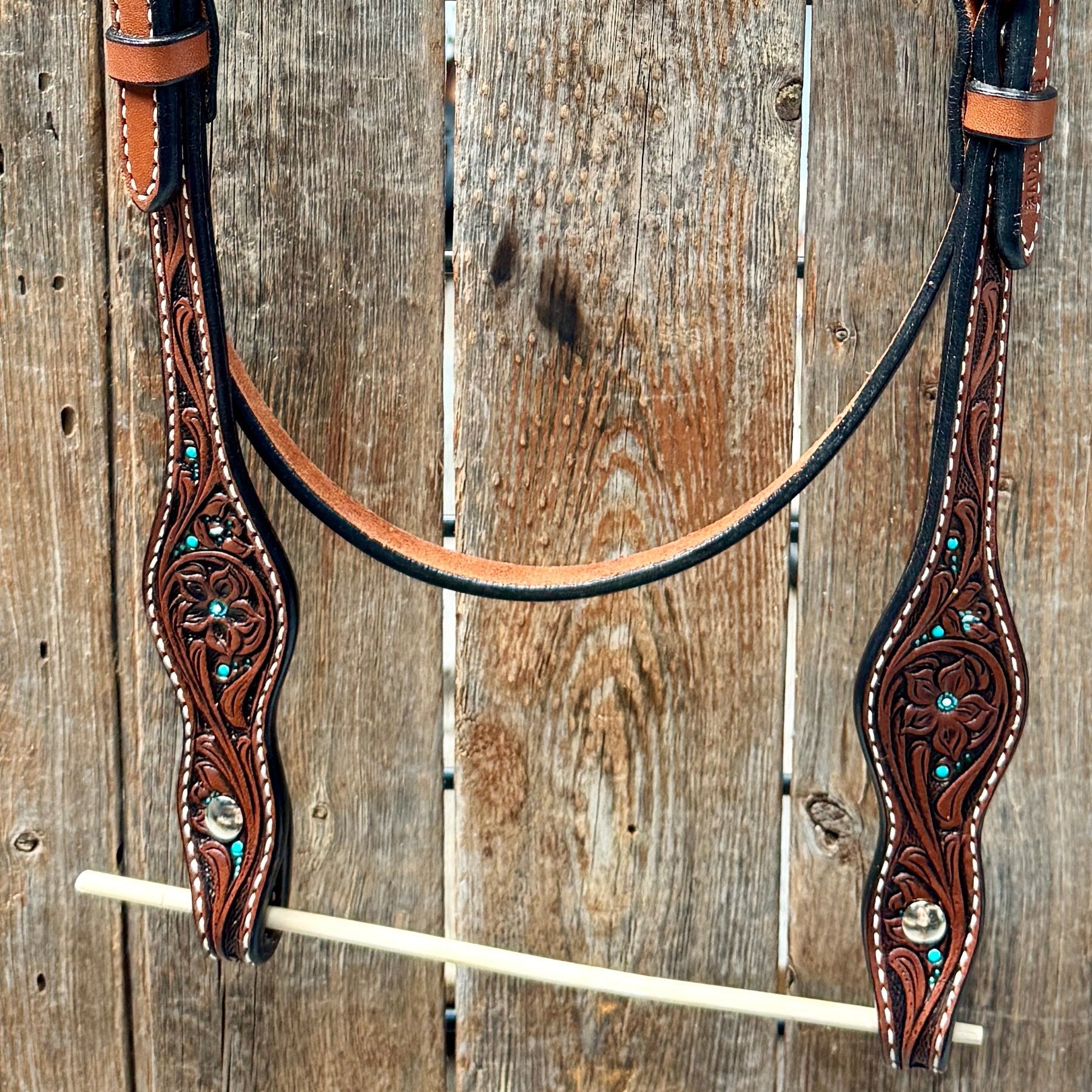 Medium Oil Floral and Teal Dot Browband Headstall / Bridle 