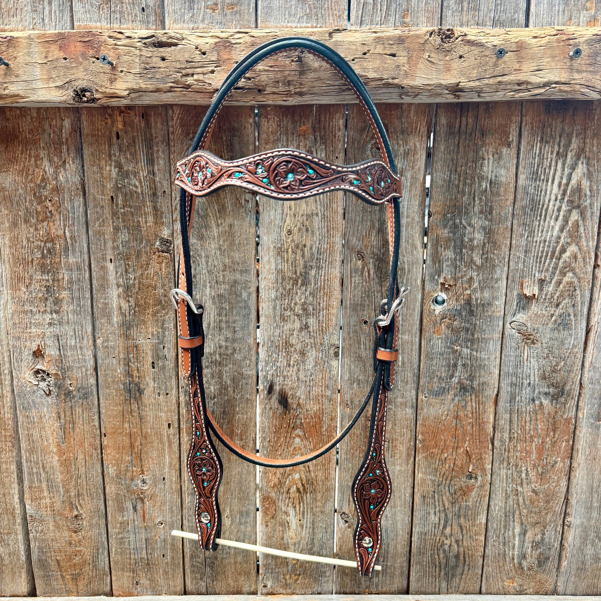 Medium Oil Floral and Teal Dot Browband Headstall / Bridle 