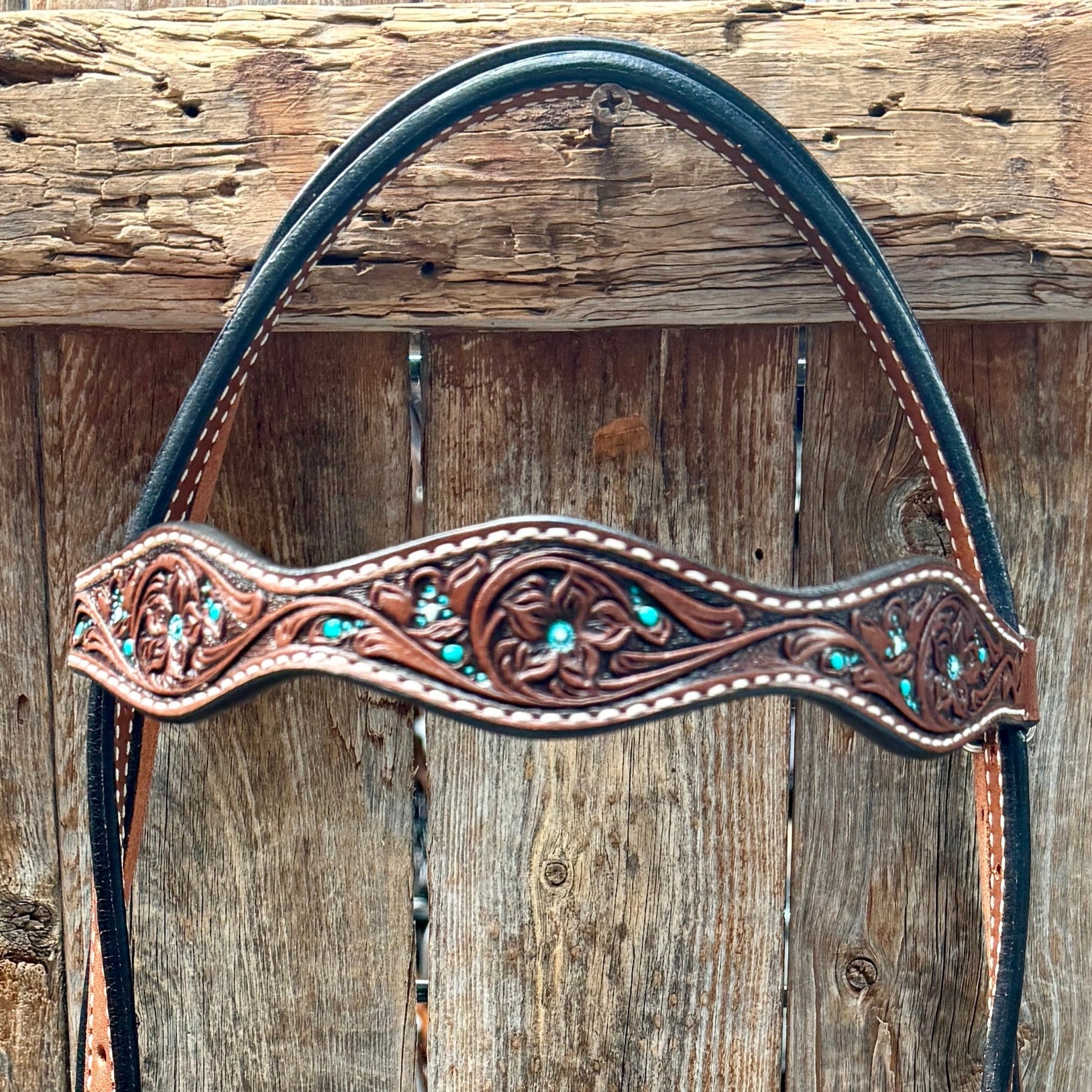 Medium Oil Floral and Teal Dot Browband Headstall / Bridle 
