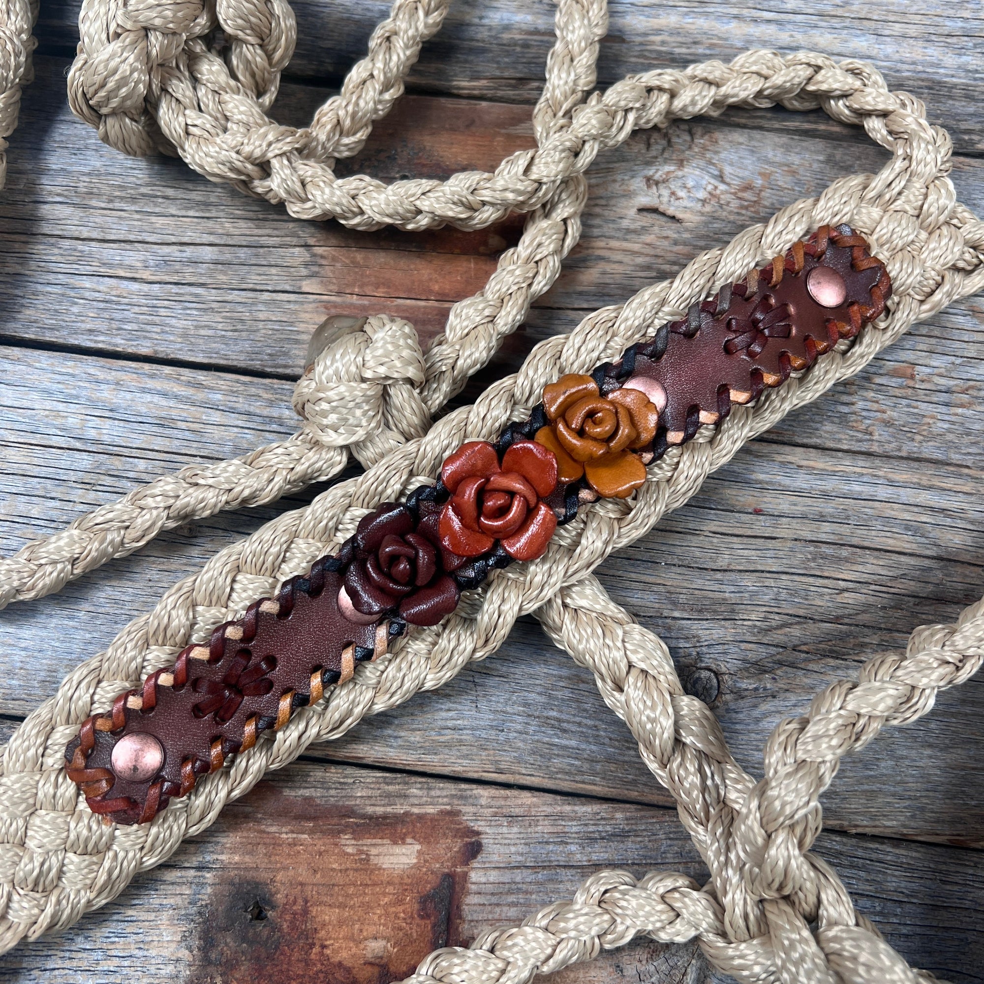 Tan Mule Tape Halter - Brown Roses 