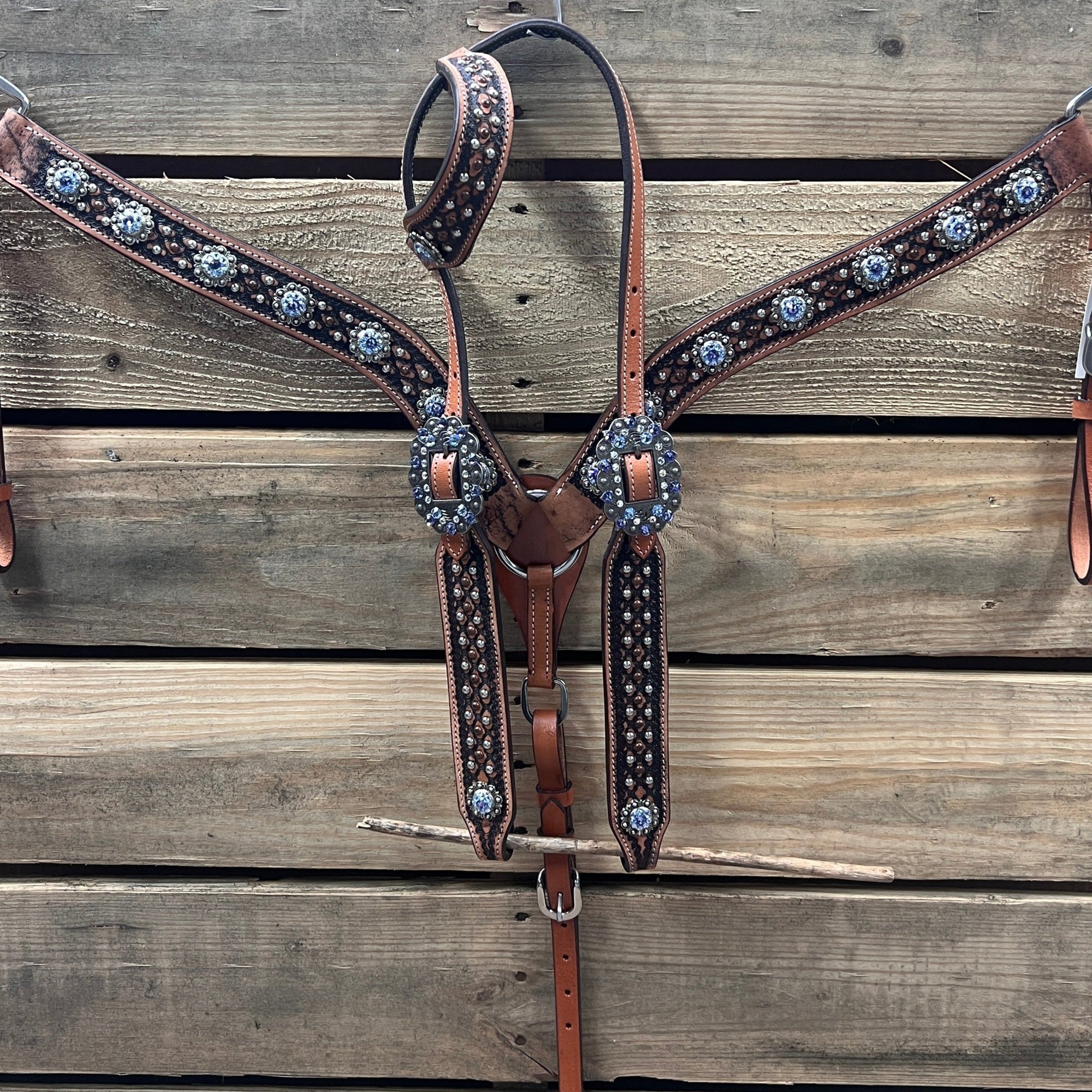 Copper and Silver Dot Two Tone Light Sapphire and Lilac Headstall &amp; Breastcollar Tack Set 