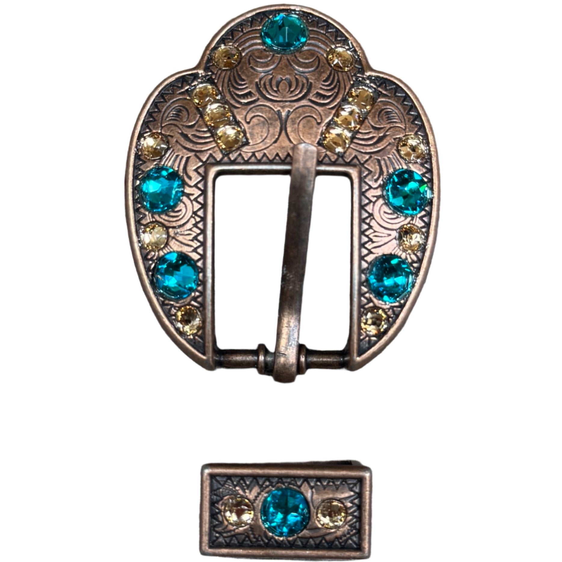 Copper Teal, Champagne Crystal Conchos Sizes from 1"-3" and Buckles