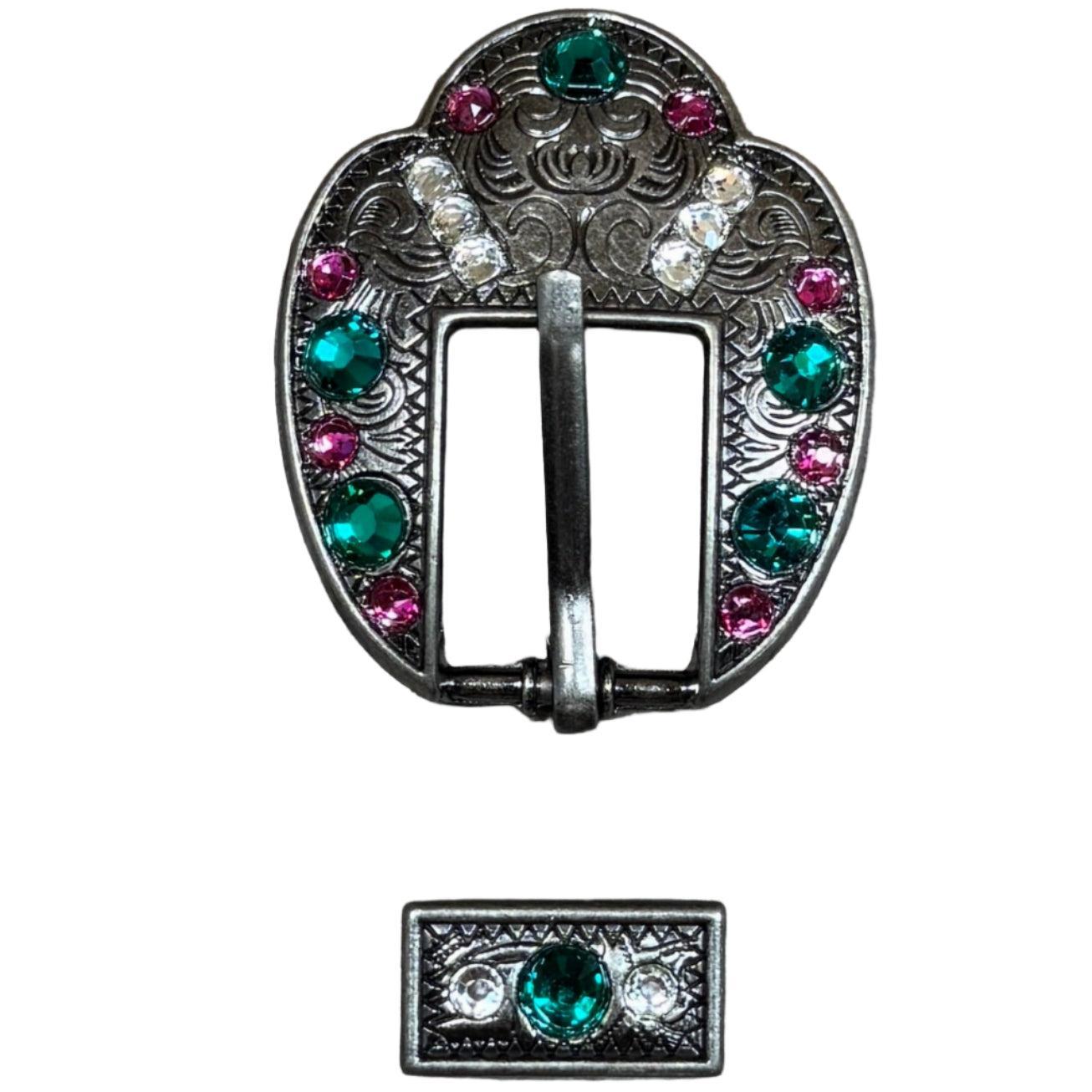 Antique Silver Fuchsia, Clear and Emerald  Crystal Conchos - Sizes from 1"- 3" and Buckles