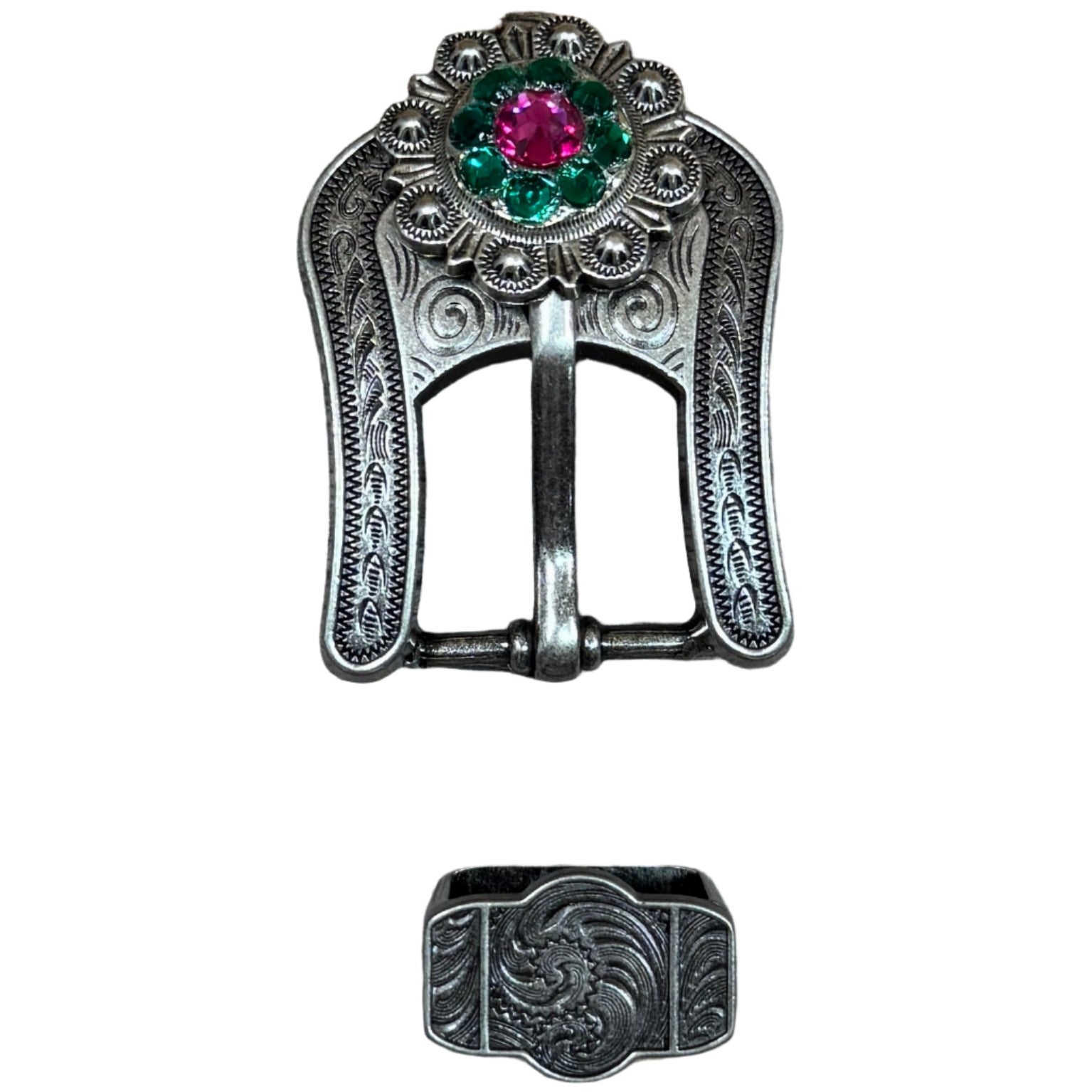 Antique Silver Fuchsia, Clear and Emerald  Crystal Conchos - Sizes from 1"- 3" and Buckles