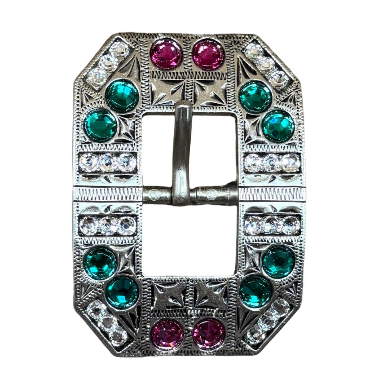 Antique Silver Fuchsia, Clear and Emerald  Crystal Conchos - Sizes from 1"- 3" and Buckles