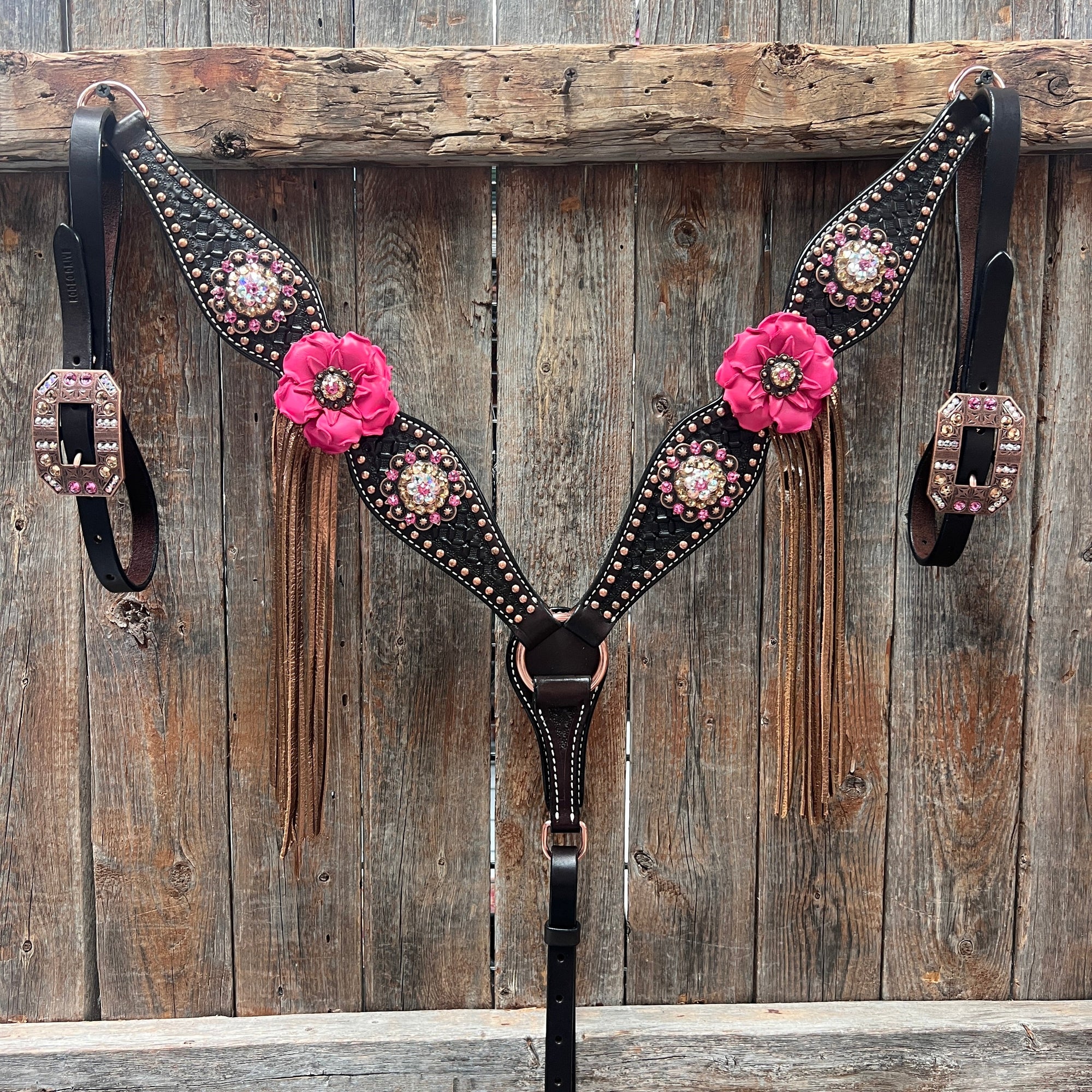 Dark Oil Honeycomb Copper Dot Copper Pink and Champagne Browband / Breastcollar Tack Set 