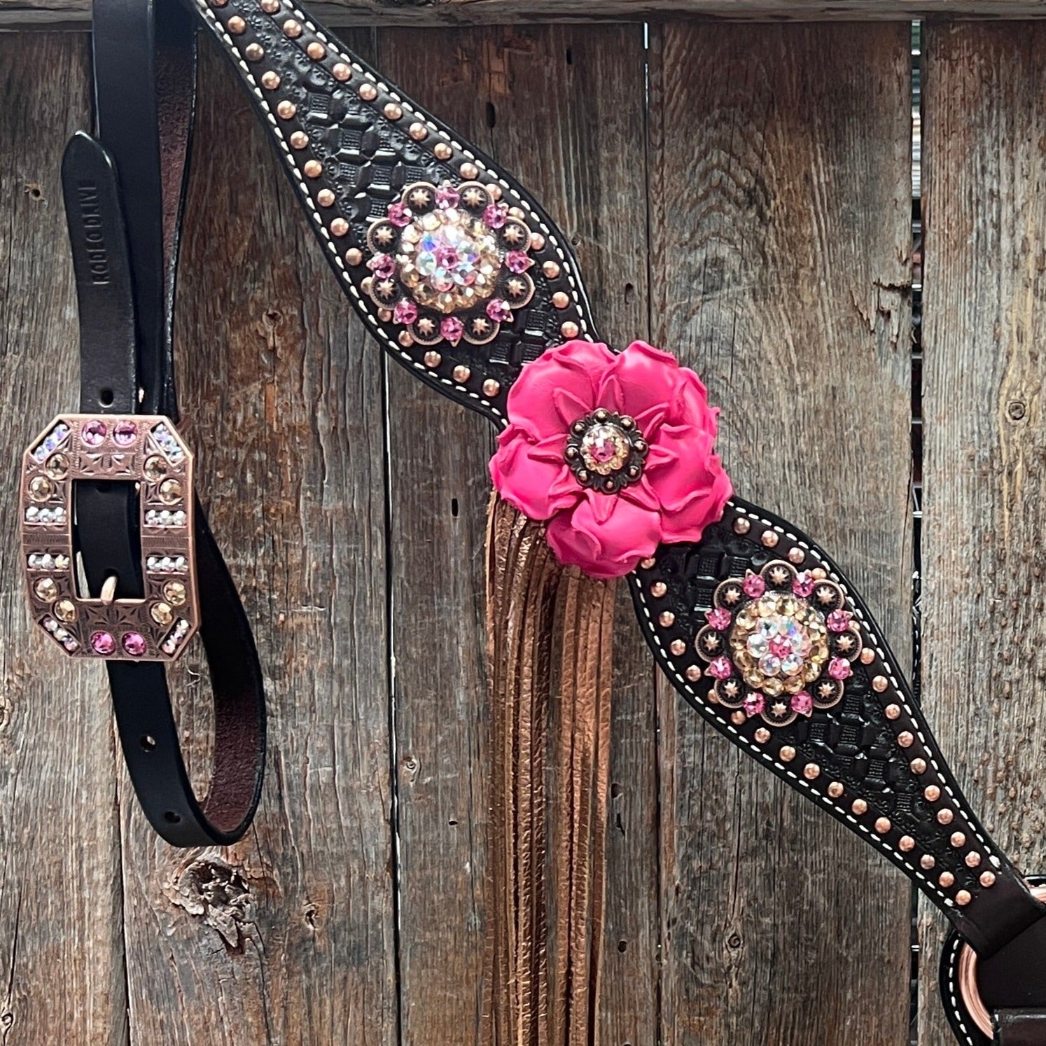Dark Oil Honeycomb Copper Dot Copper Pink and Champagne Browband / Breastcollar Tack Set 
