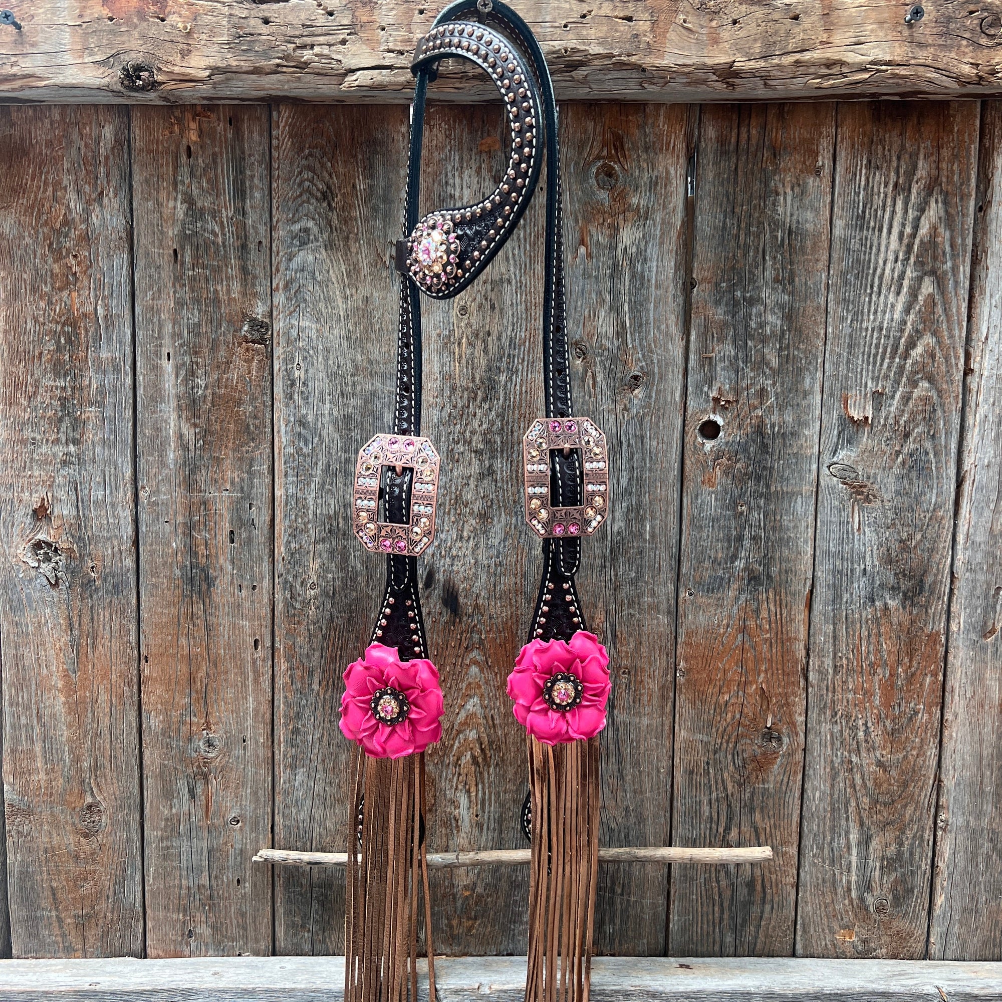 Dark Oil Honeycomb Copper Dot Copper Pink and Champagne Browband / Breastcollar Tack Set 
