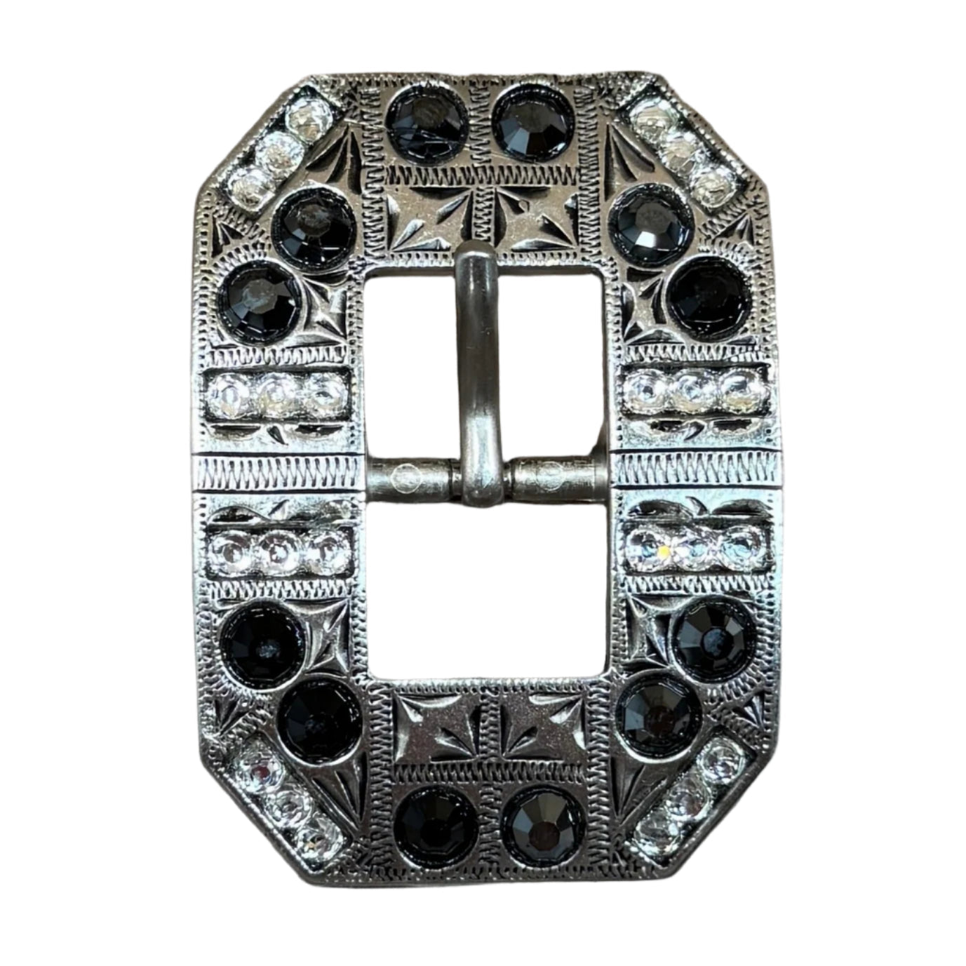Antique Silver Jet, Clear Crystal Conchos - Sizes from 1"- 3" and Buckles