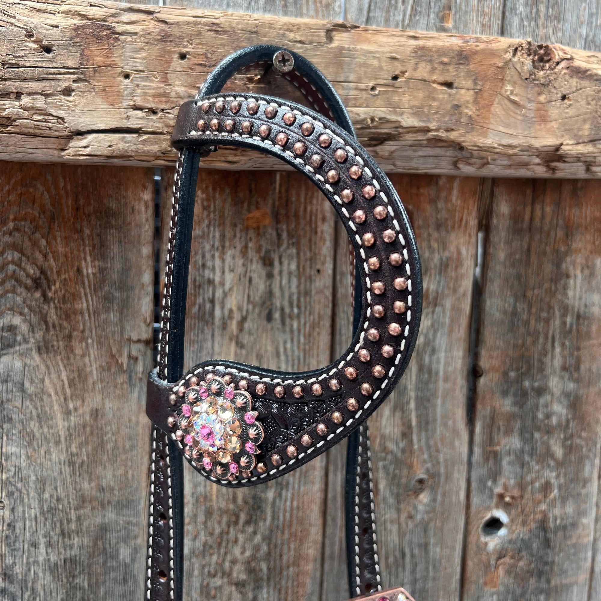 Dark Oil Honeycomb Copper Dot Copper Pink and Champagne Browband / Breastcollar Tack Set 