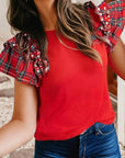 Plaid Pearl Ruffle Short Sleeve
