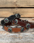 Leather Dog Collar With Antique Silver Fuchsia and Emerald Conchos 10" to 22" -DC74