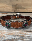 Leather Dog Collar With Antique Silver Fuchsia and Emerald Conchos 10" to 22" -DC74