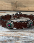 Leather Dog Collar With Antique Silver Fuchsia and Emerald Conchos 10" to 22" -DC74