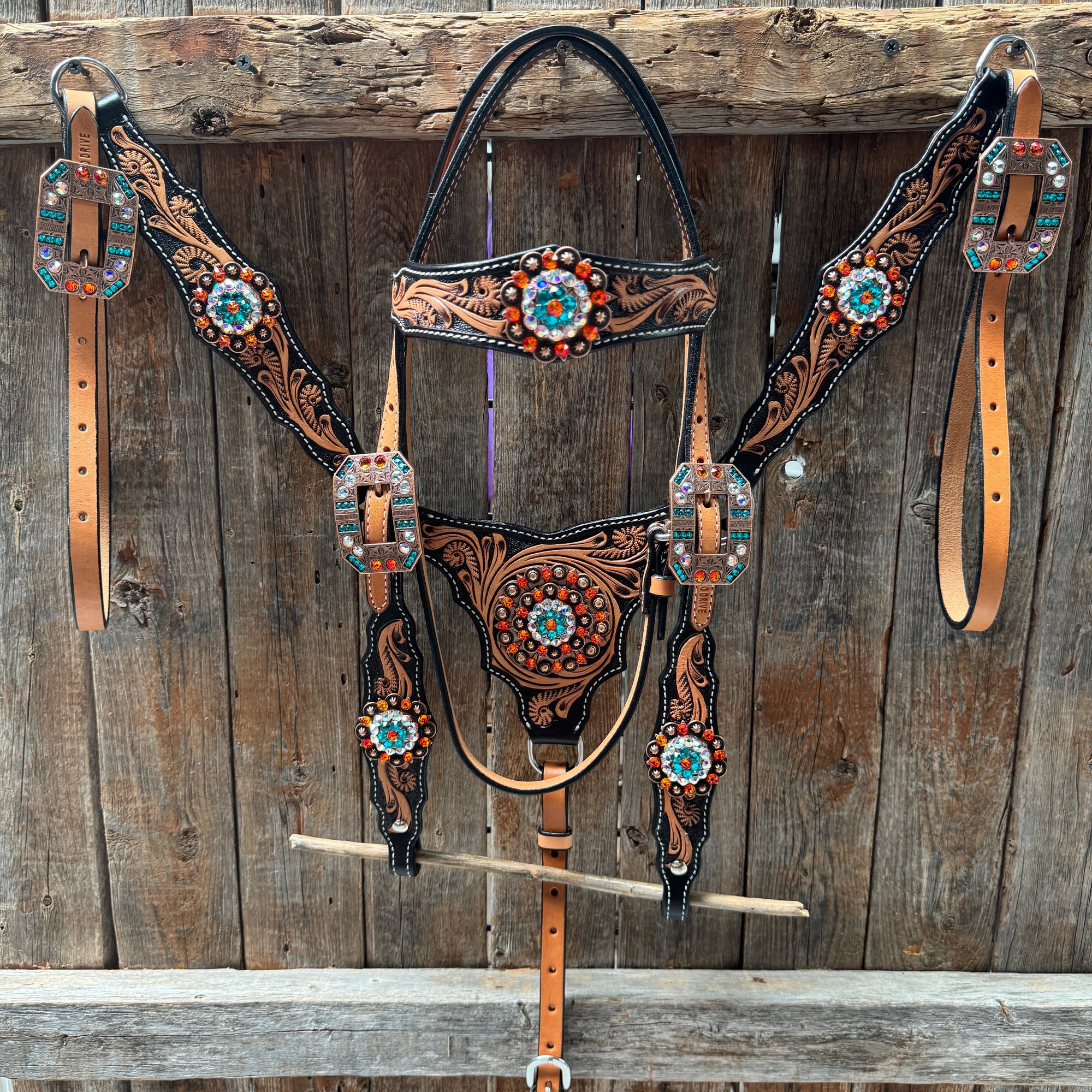 Two Tone Floral Triangle Orange and Teal Browband/One Ear - Triangle/Gladiator Breastcollar Tack Set 