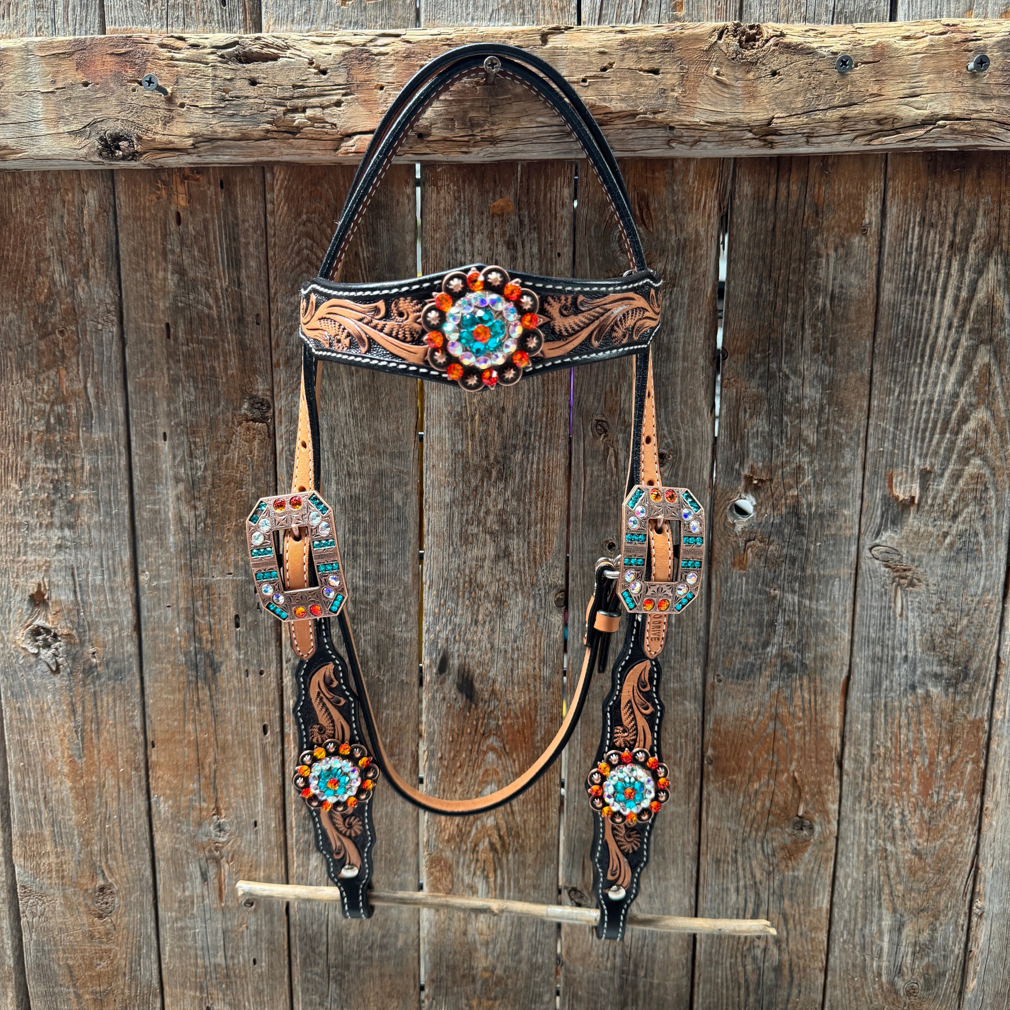 Two Tone Floral Triangle Orange and Teal Browband/One Ear - Triangle/Gladiator Breastcollar Tack Set 