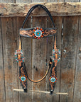 Two Tone Floral Triangle Orange and Teal Browband/One Ear - Triangle/Gladiator Breastcollar Tack Set 