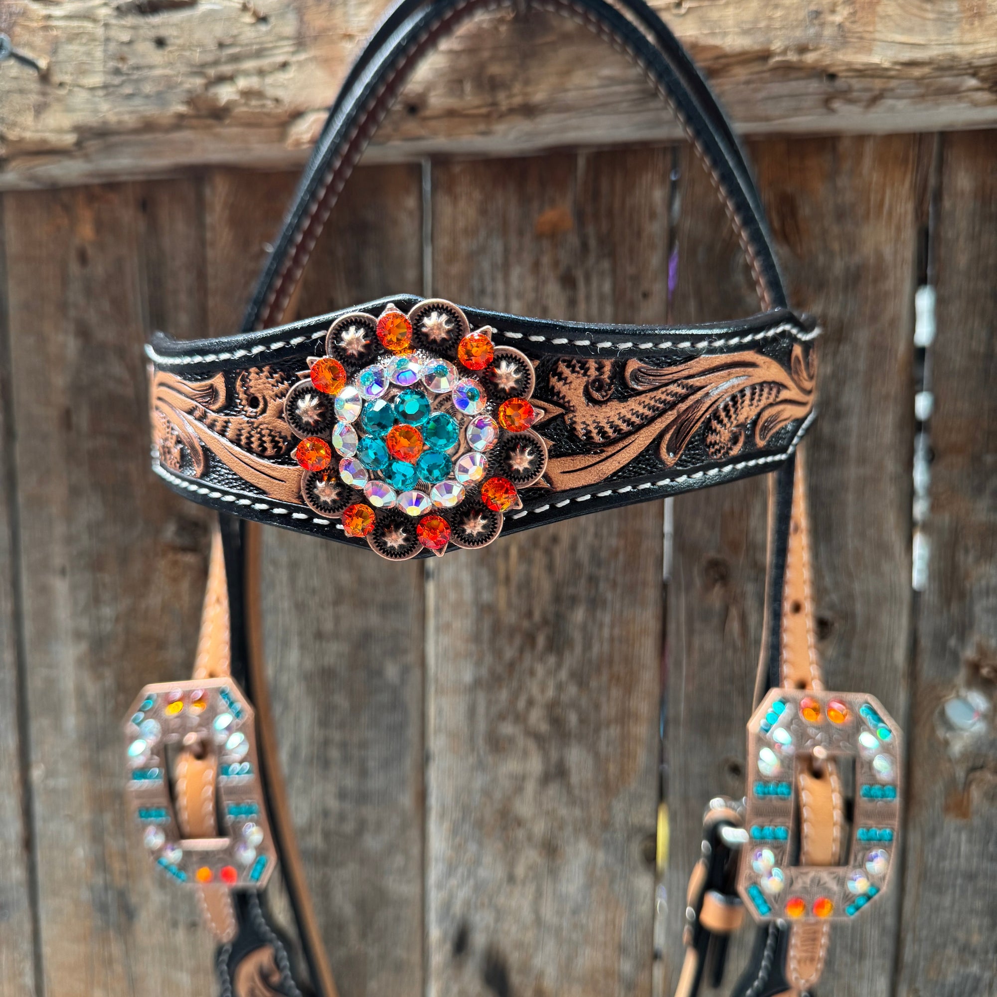 Two Tone Floral Triangle Orange and Teal Browband/One Ear - Triangle/Gladiator Breastcollar Tack Set 