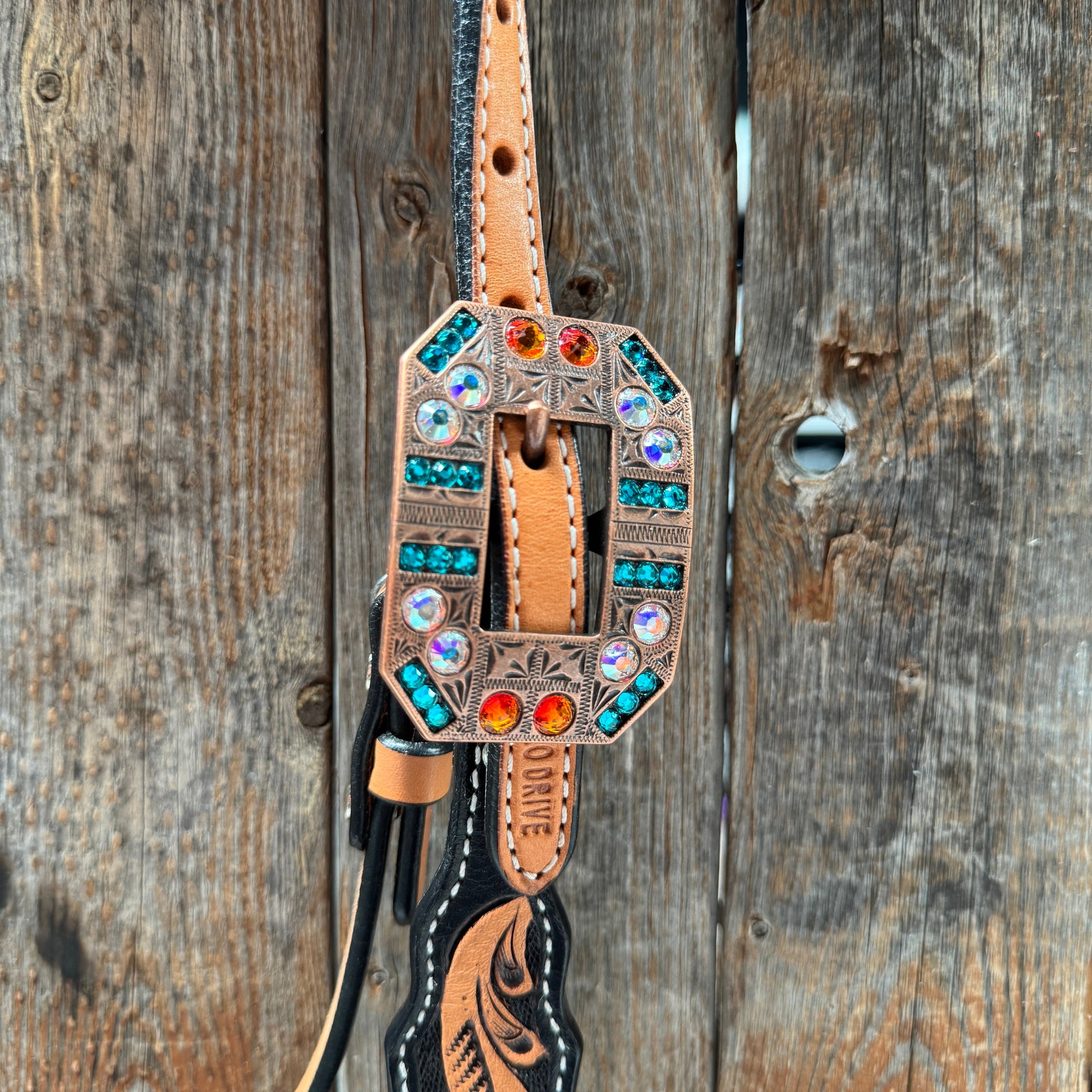 Two Tone Floral Triangle Orange and Teal Browband/One Ear - Triangle/Gladiator Breastcollar Tack Set 