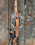 Two Tone Floral Triangle Orange and Teal Browband/One Ear - Triangle/Gladiator Breastcollar Tack Set 