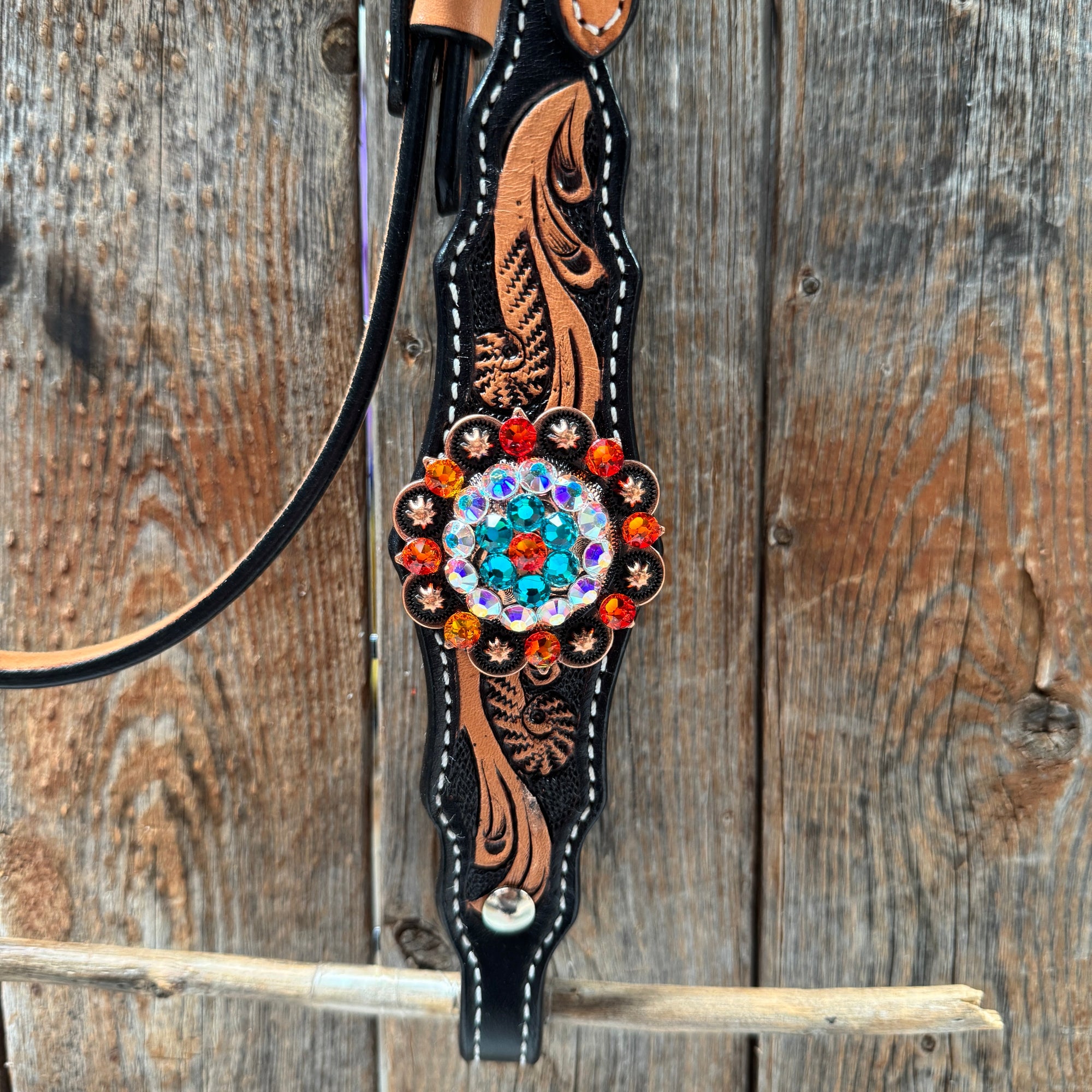 Two Tone Floral Triangle Orange and Teal Browband/One Ear - Triangle/Gladiator Breastcollar Tack Set 