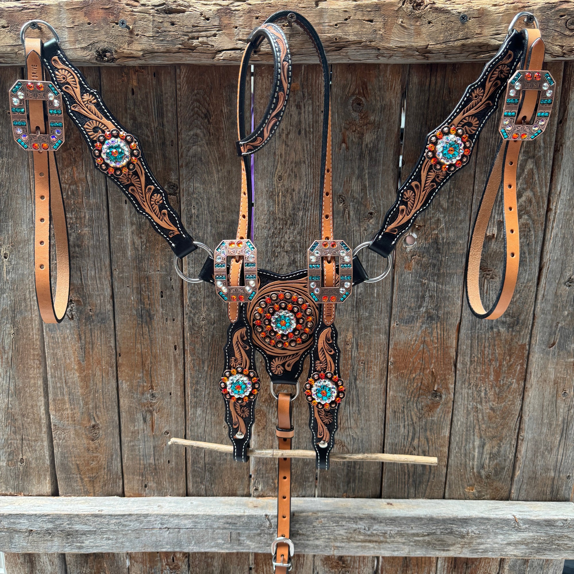 Two Tone Floral Triangle Orange and Teal Browband/One Ear - Triangle/Gladiator Breastcollar Tack Set 