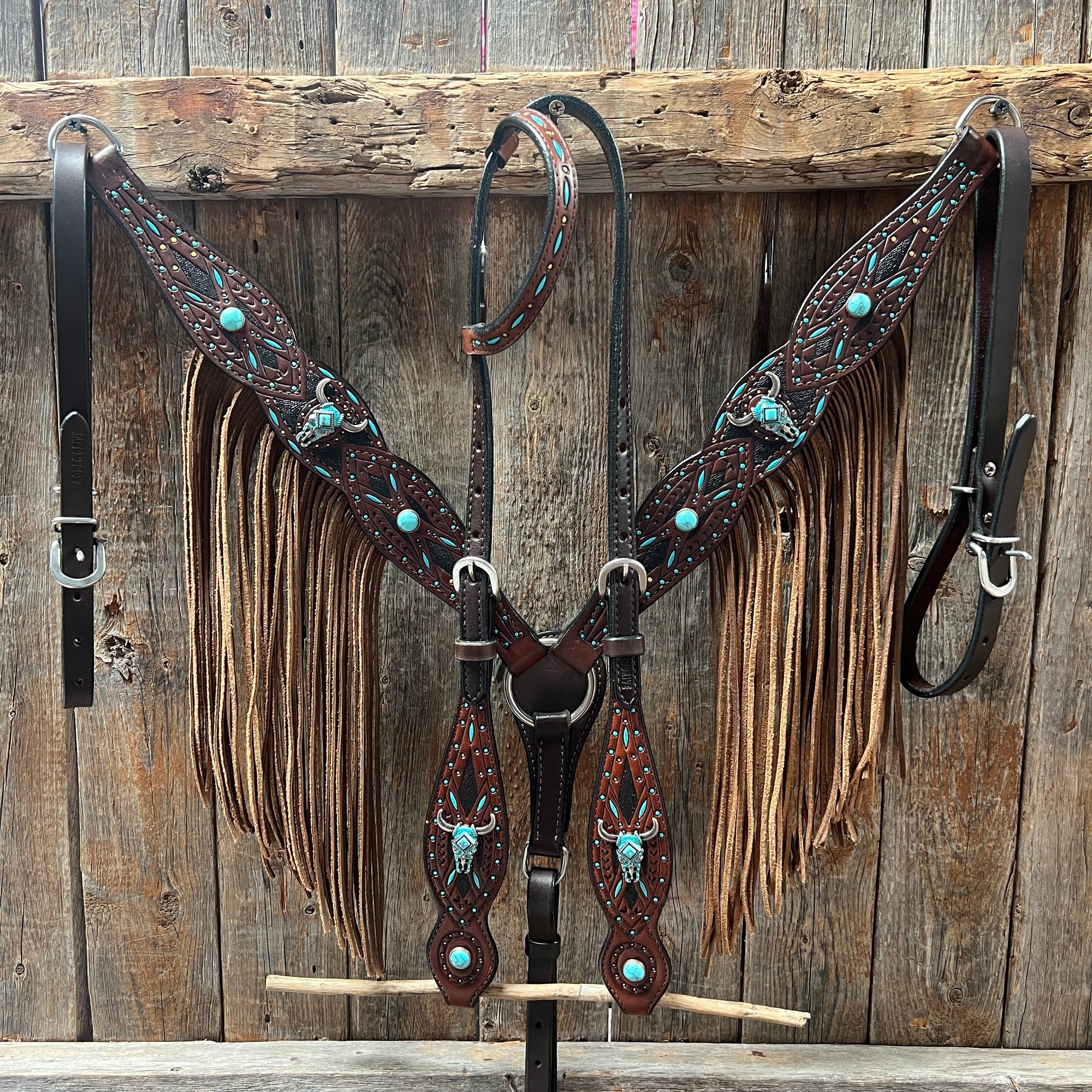 Dark Oil Hand Painted Turquoise Steer Head Browband/One Ear and Breastcollar Tack Set 