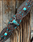 Dark Oil Hand Painted Turquoise Steer Head Browband/One Ear and Breastcollar Tack Set 