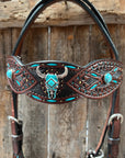 Dark Oil Hand Painted Turquoise Steer Head Browband/One Ear and Breastcollar Tack Set 