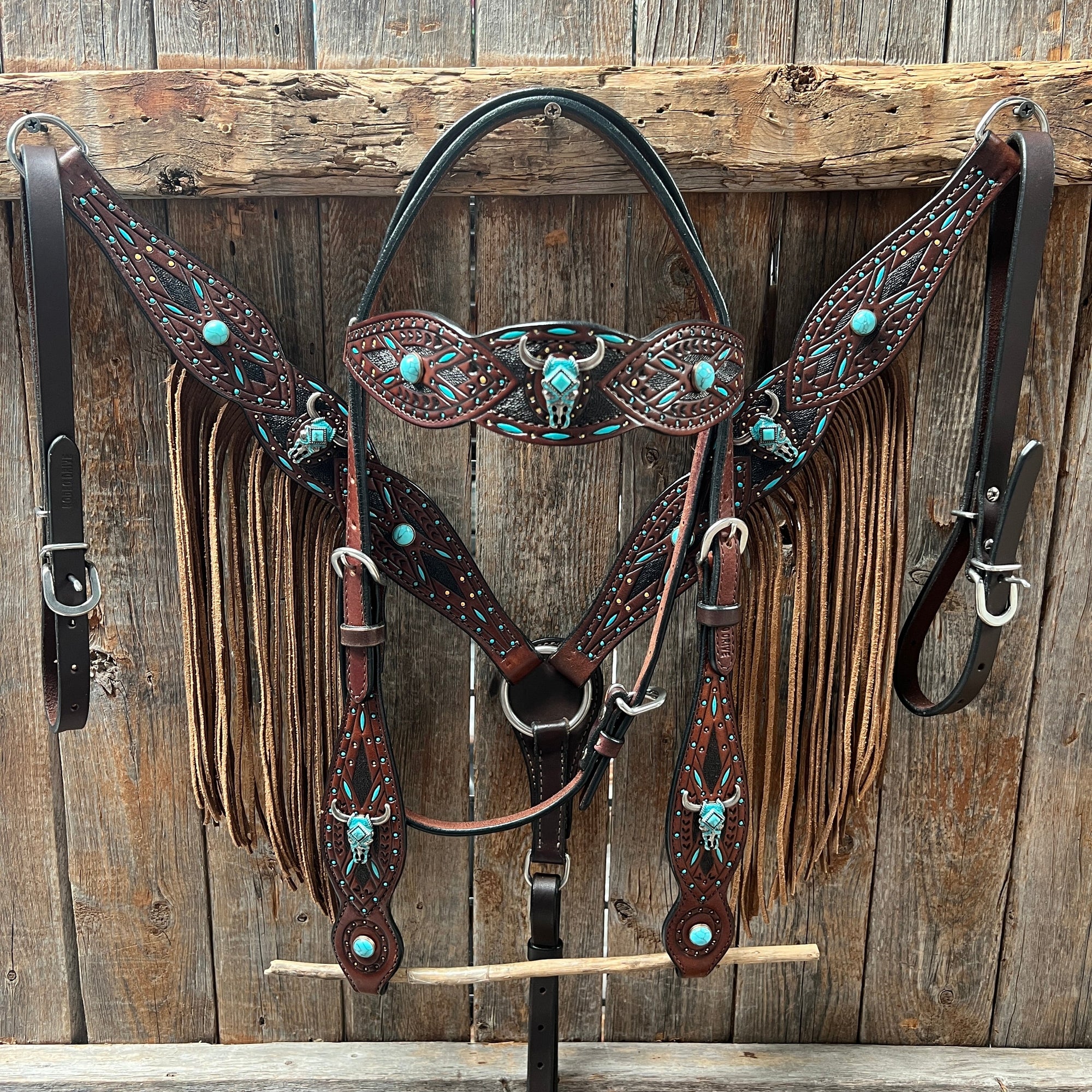 Dark Oil Hand Painted Turquoise Steer Head Browband/One Ear and Breastcollar Tack Set 