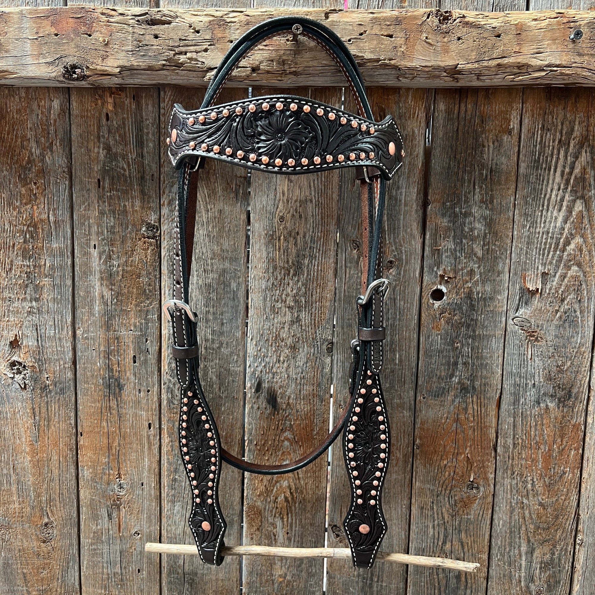Dark Oil Floral Tooled with Copper Dots Browband Headstall / Bridle