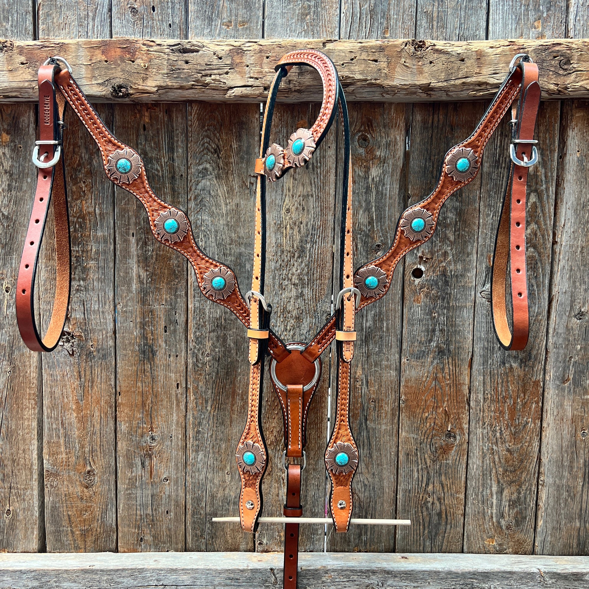 Light Oil Basketweave Copper and Turquoise Browband/One Ear Tack Set  