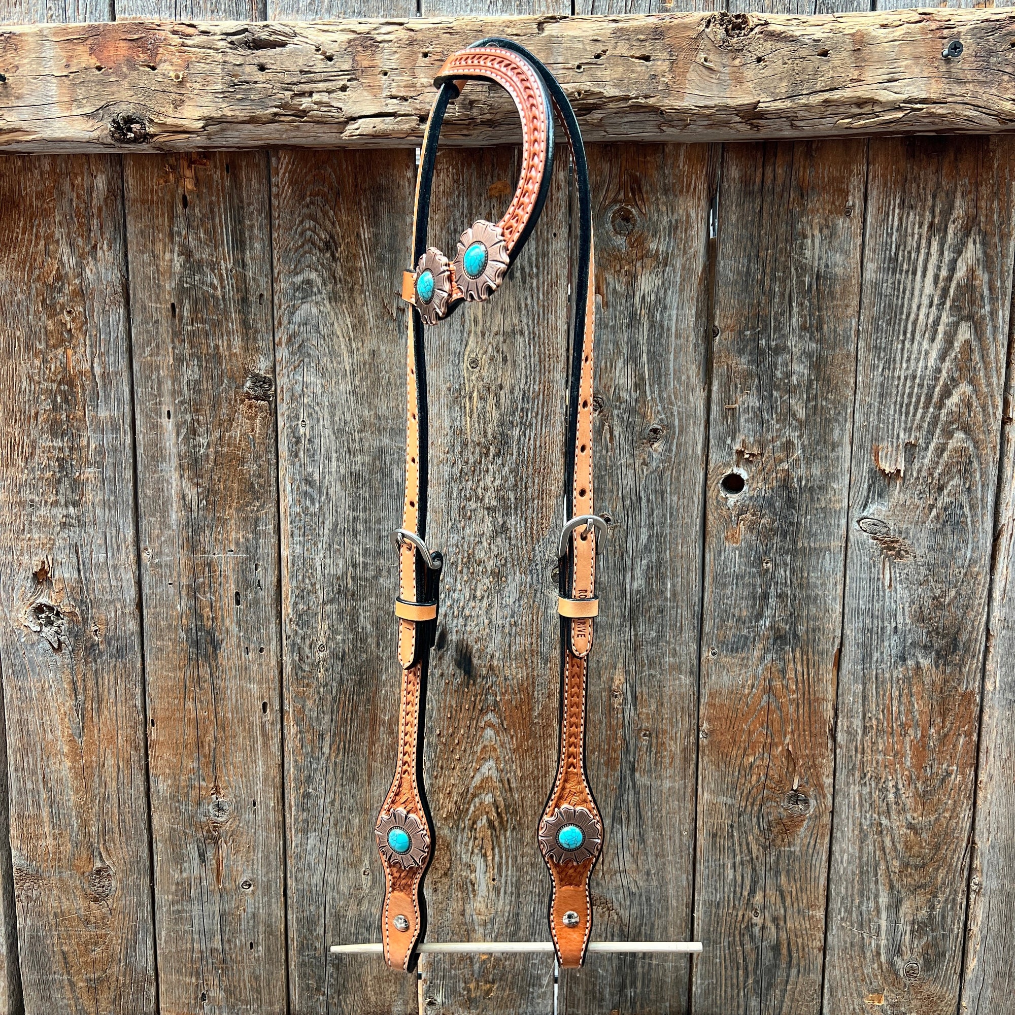 Light Oil Basketweave Copper and Turquoise Browband/One Ear Tack Set  