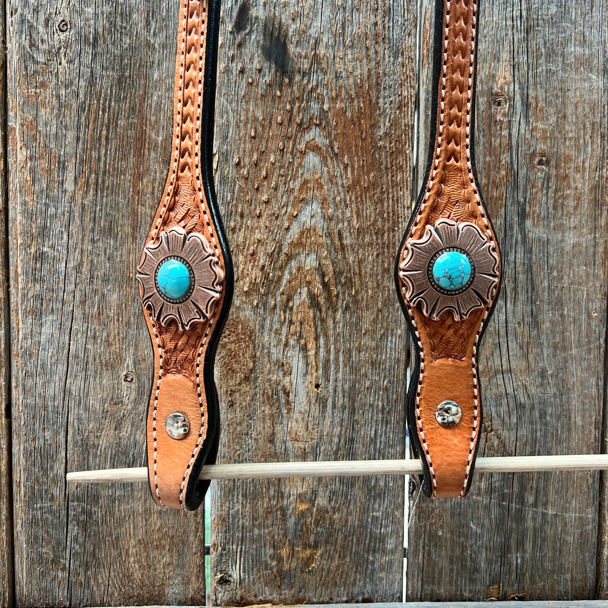 Light Oil Basketweave Copper and Turquoise Browband/One Ear Tack Set  