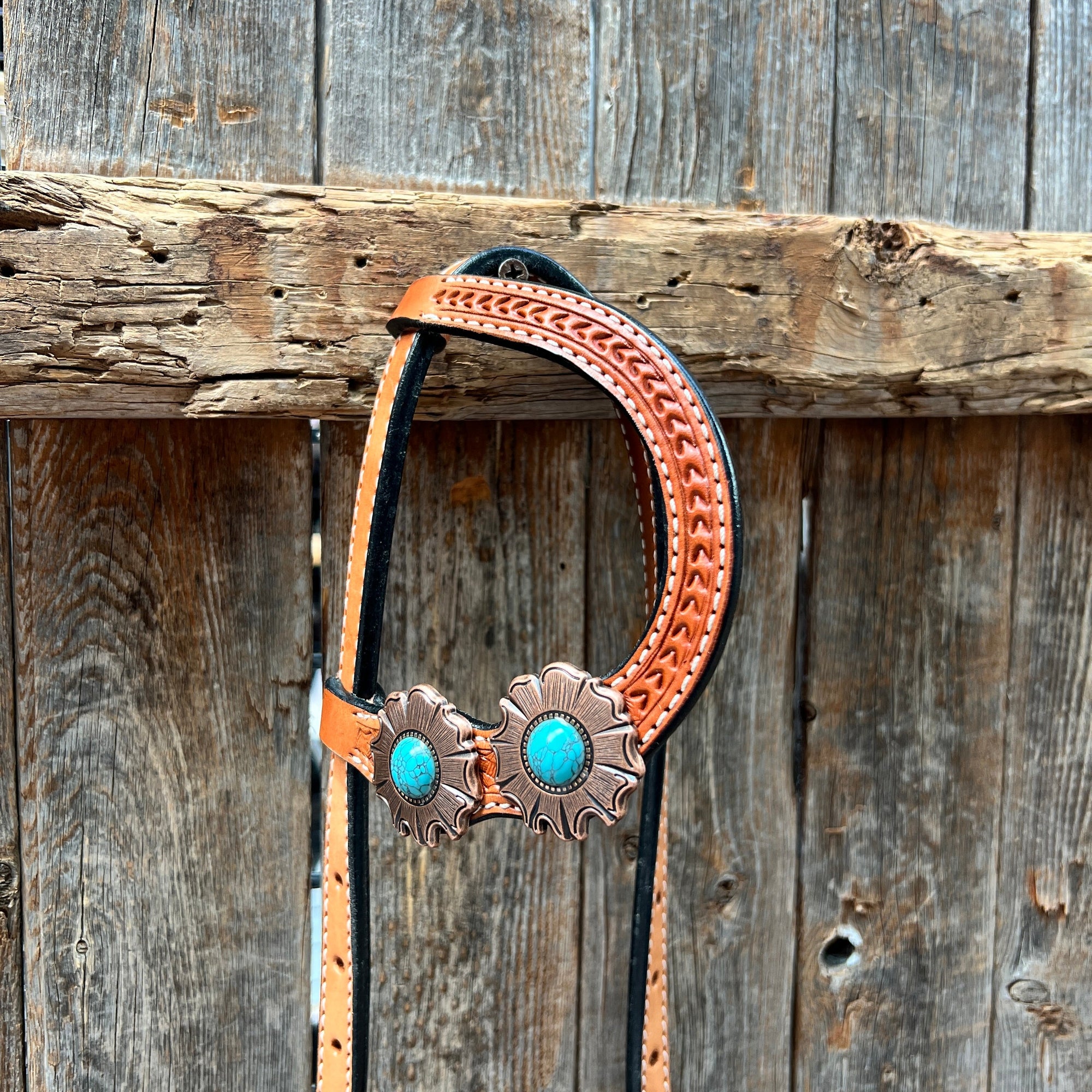 Light Oil Basketweave Copper and Turquoise Browband/One Ear Tack Set  