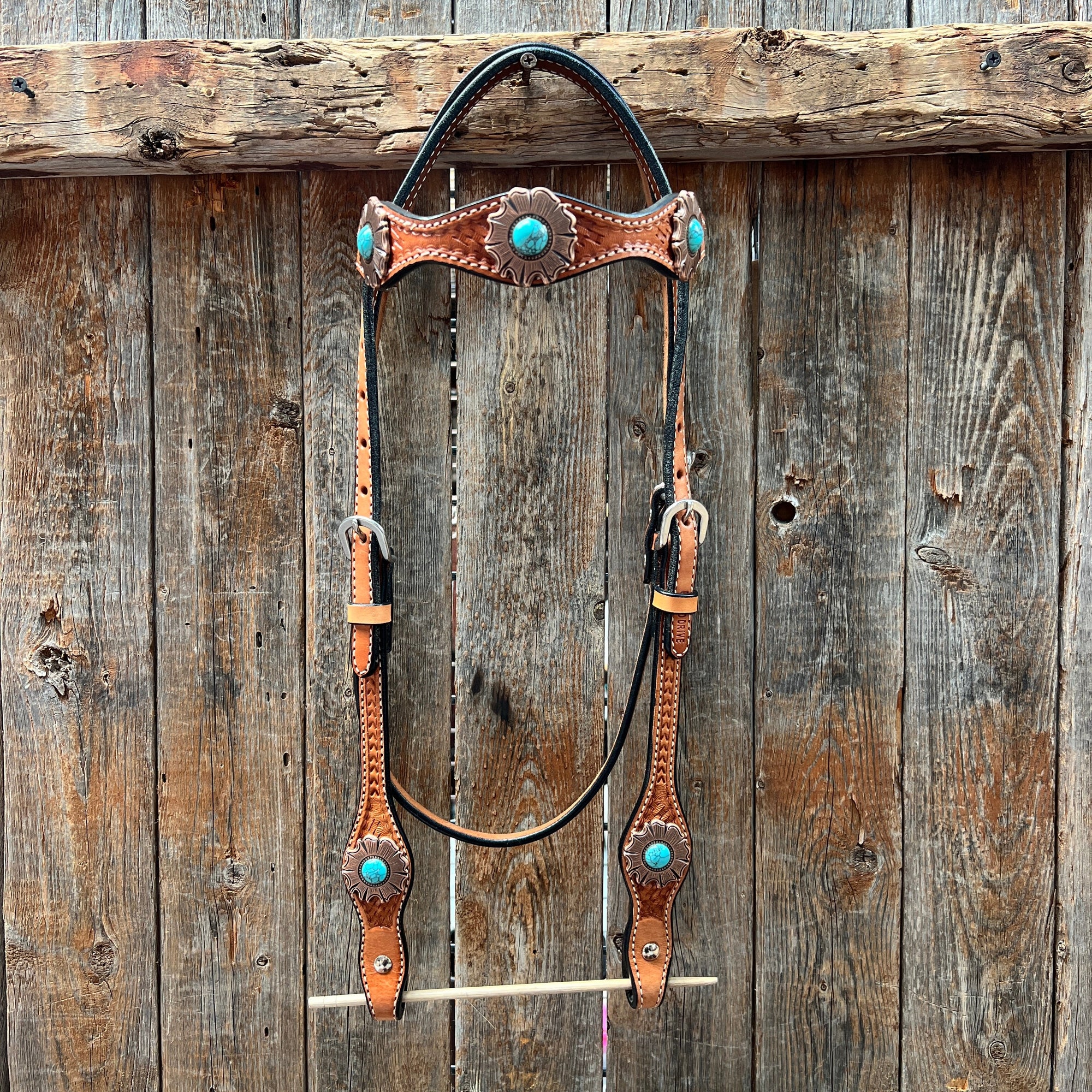 Light Oil Basketweave Copper and Turquoise Browband/One Ear Tack Set  