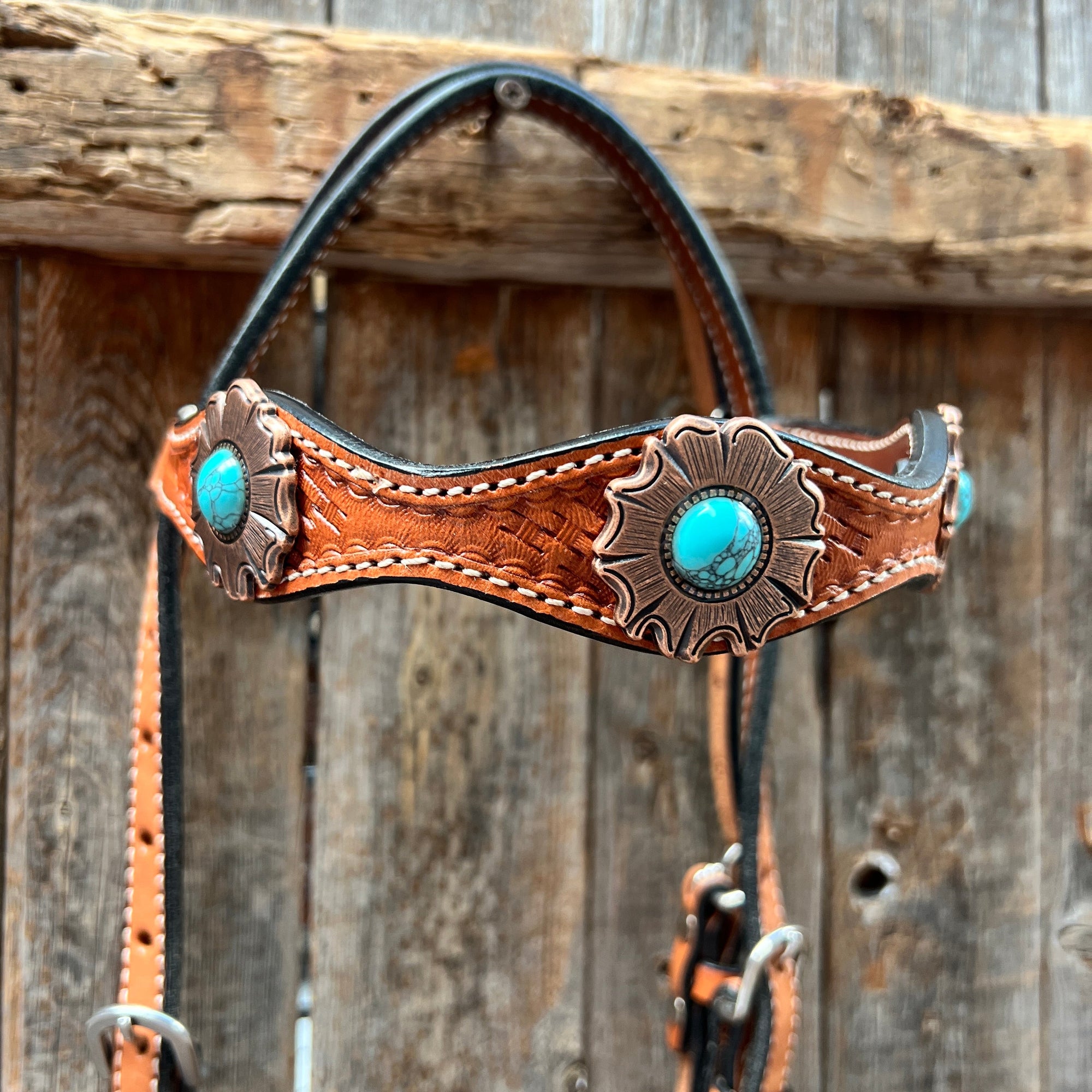 Light Oil Basketweave Copper and Turquoise Browband/One Ear Tack Set  