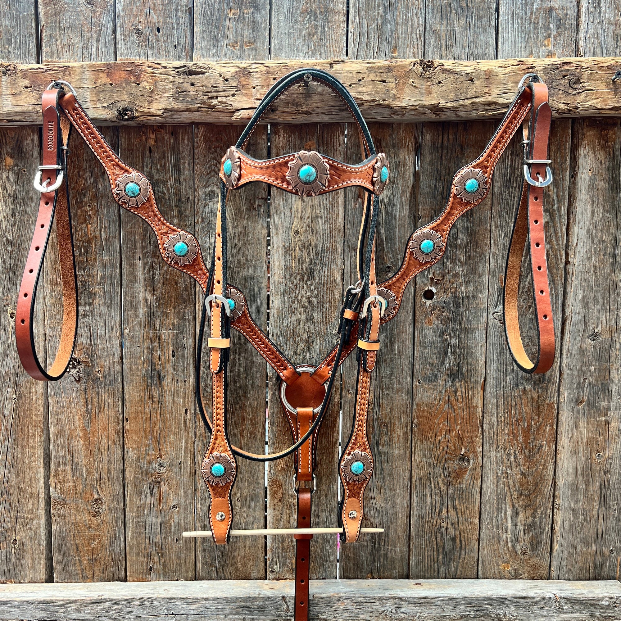 Light Oil Basketweave Copper and Turquoise Browband/One Ear Tack Set  