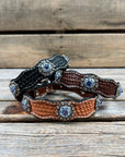 Leather Dog Collar With Antique Silver Lilac and Light Sapphire Conchos 10" to 22" -DC50