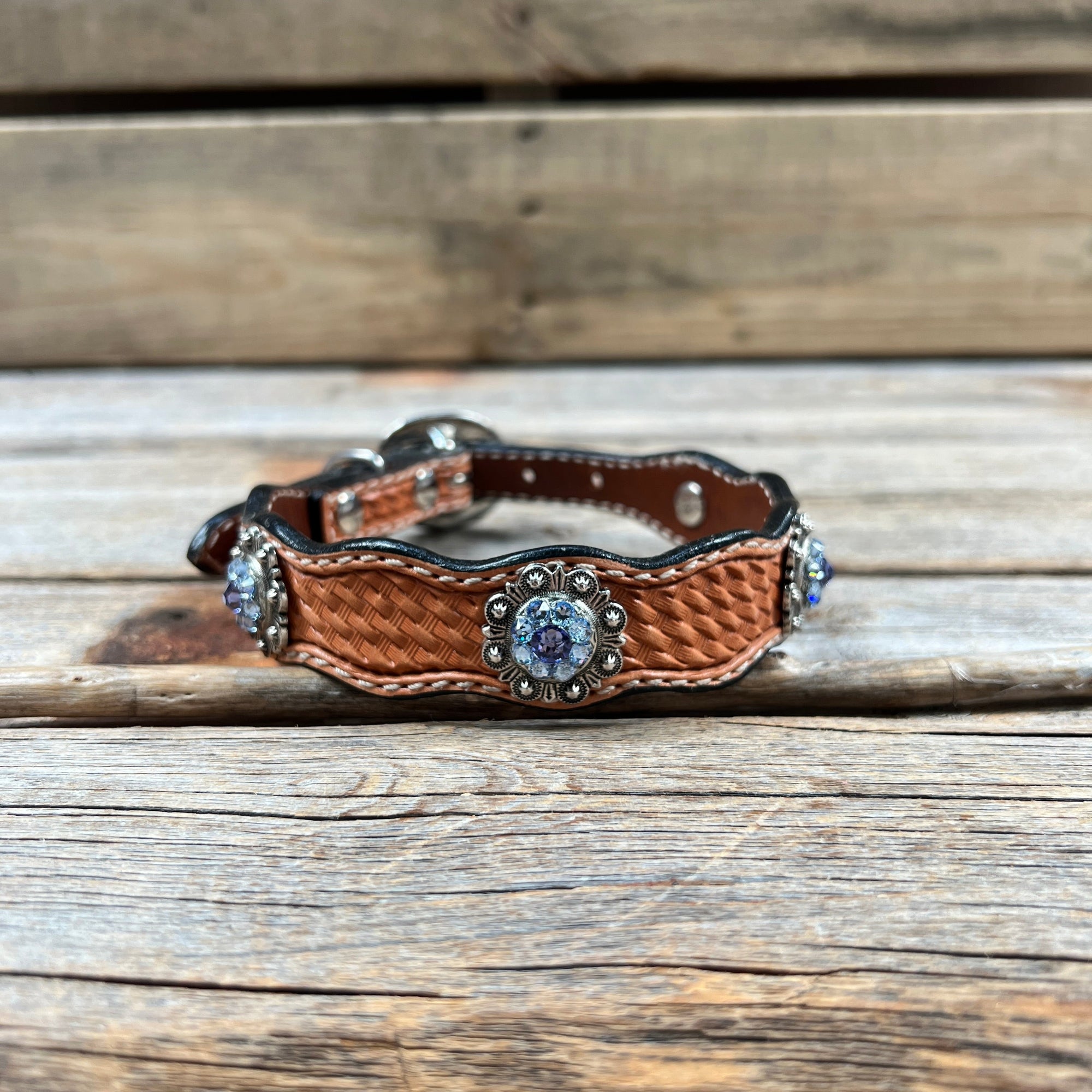 Leather Dog Collar With Antique Silver Lilac and Light Sapphire Conchos 10" to 22" -DC50