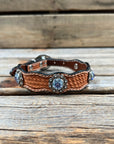 Leather Dog Collar With Antique Silver Lilac and Light Sapphire Conchos 10" to 22" -DC50